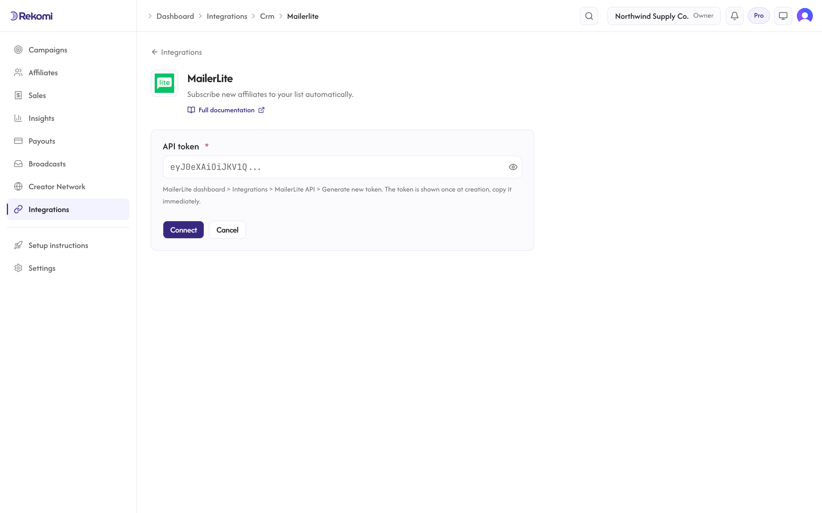 The MailerLite connect form in Rekomi with the API token input and Connect button