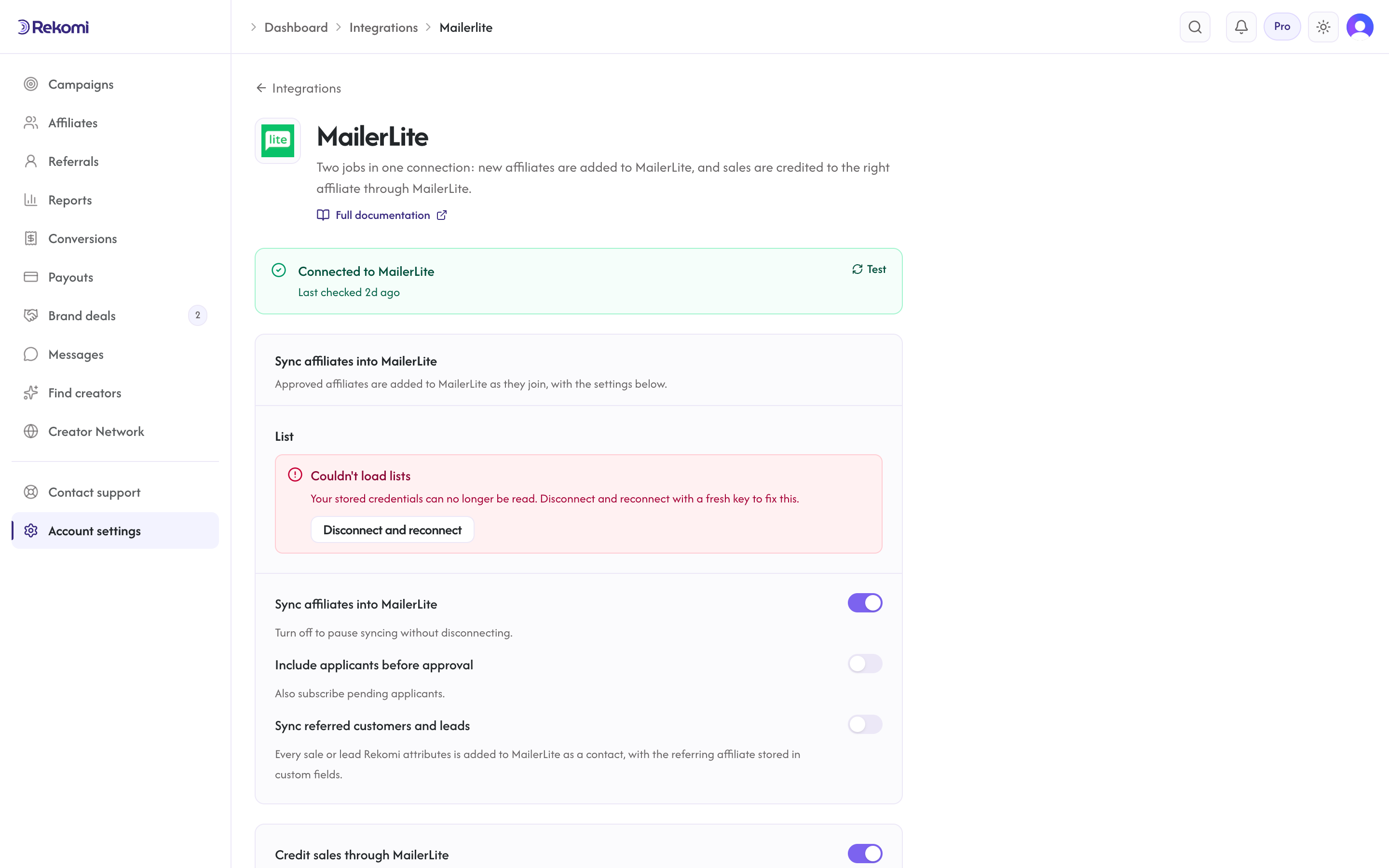 The MailerLite connect form in Rekomi with the API token input and Connect button