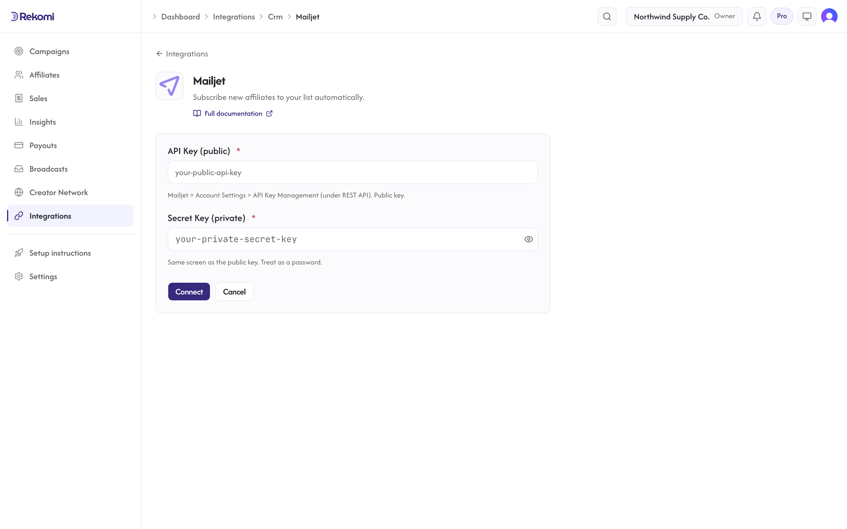 The Mailjet connect form in Rekomi with the API Key (public) and Secret Key (private) inputs and Connect button