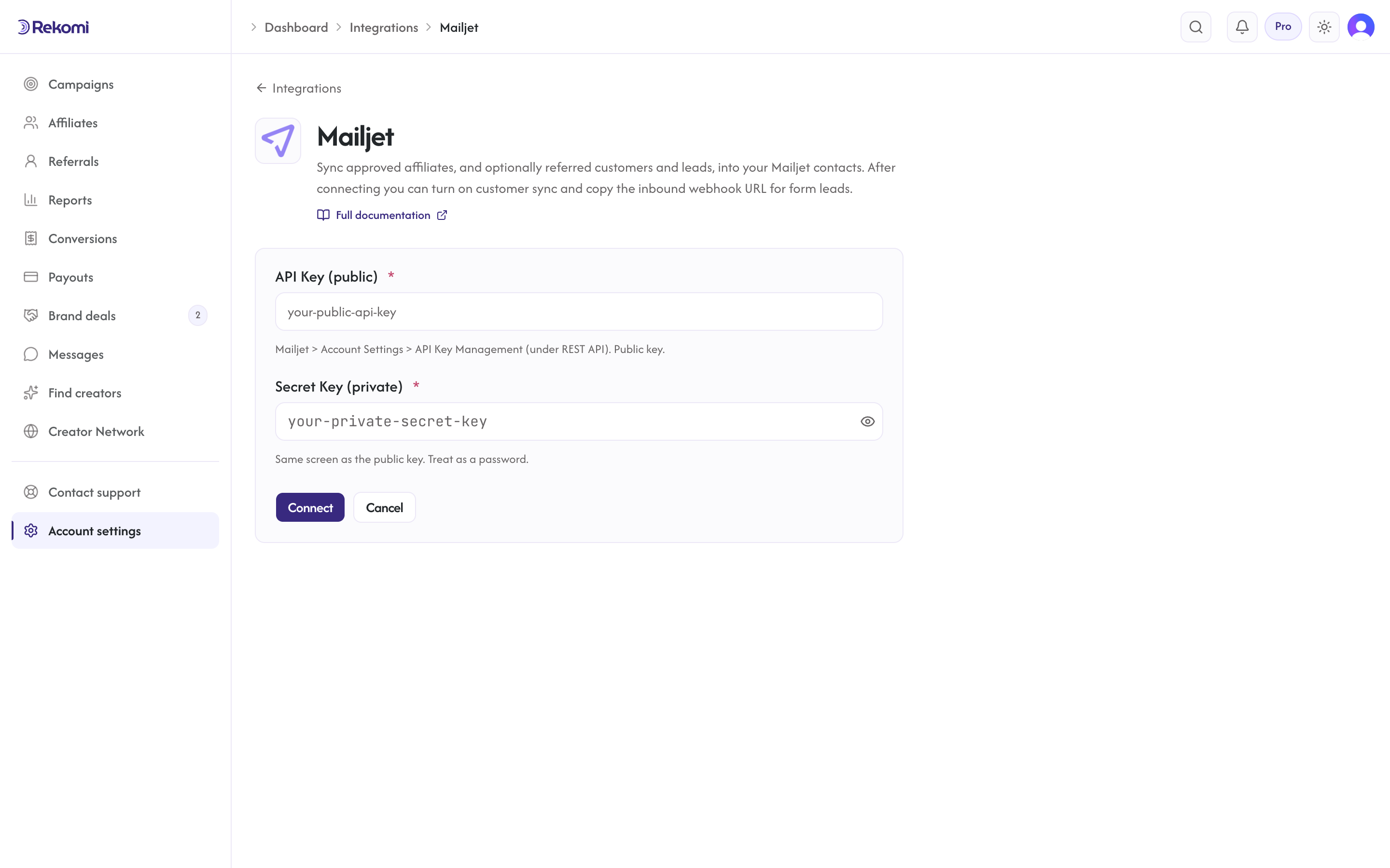 The Mailjet connect form in Rekomi with the API Key (public) and Secret Key (private) inputs and Connect button
