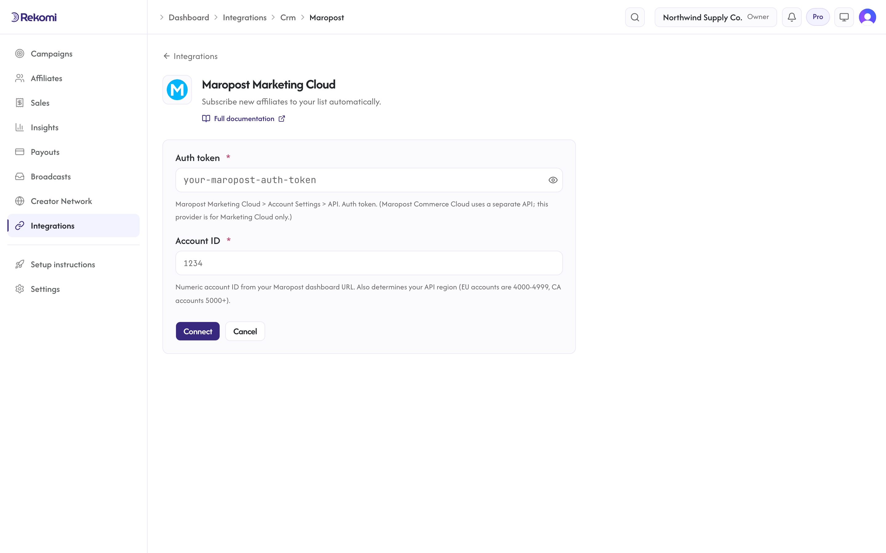 The Maropost Marketing Cloud connect form in Rekomi with the Auth token and Account ID inputs and Connect button