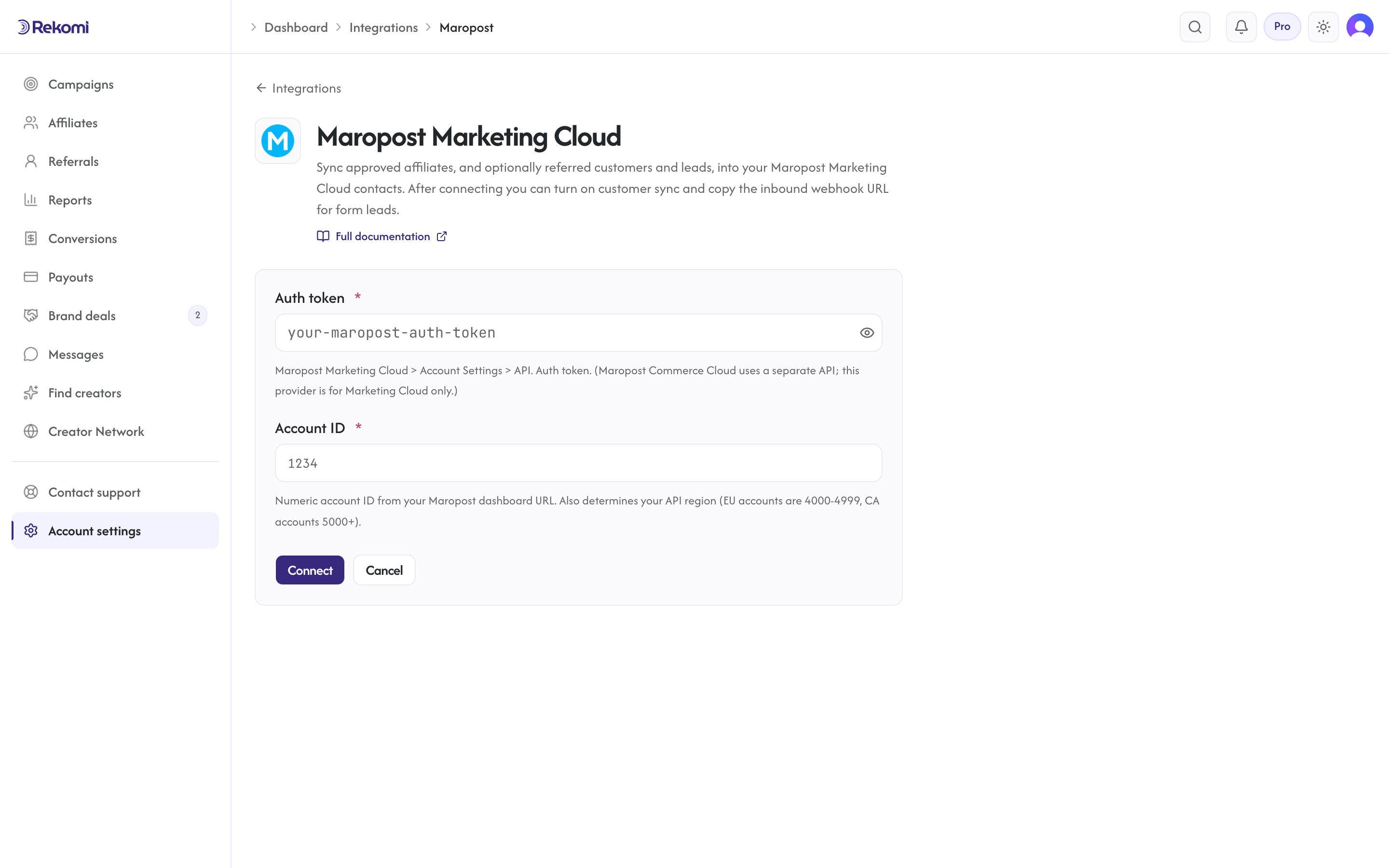 The Maropost Marketing Cloud connect form in Rekomi with the Auth token and Account ID inputs and Connect button