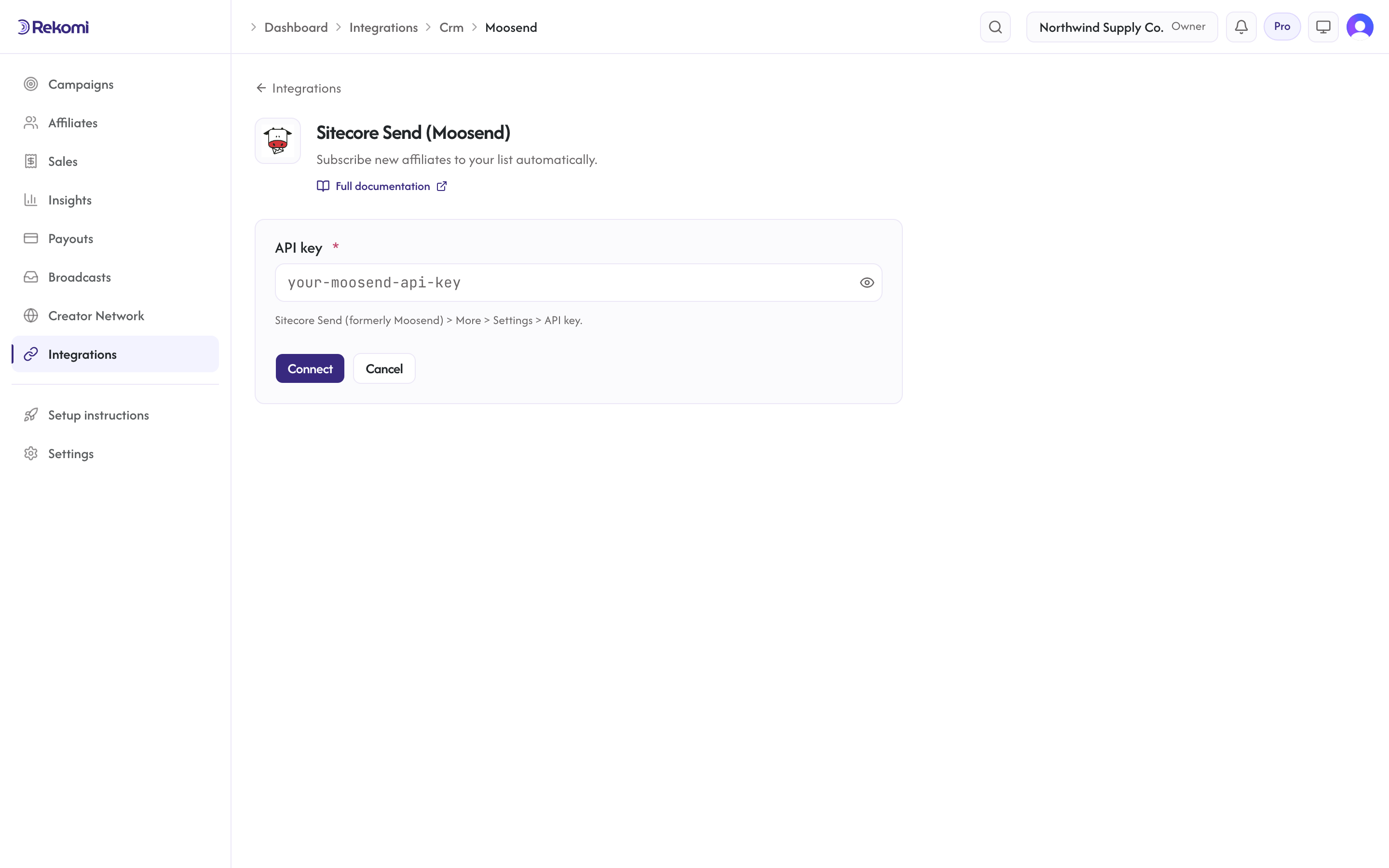 The Sitecore Send (Moosend) connect form in Rekomi with the API key input and Connect button
