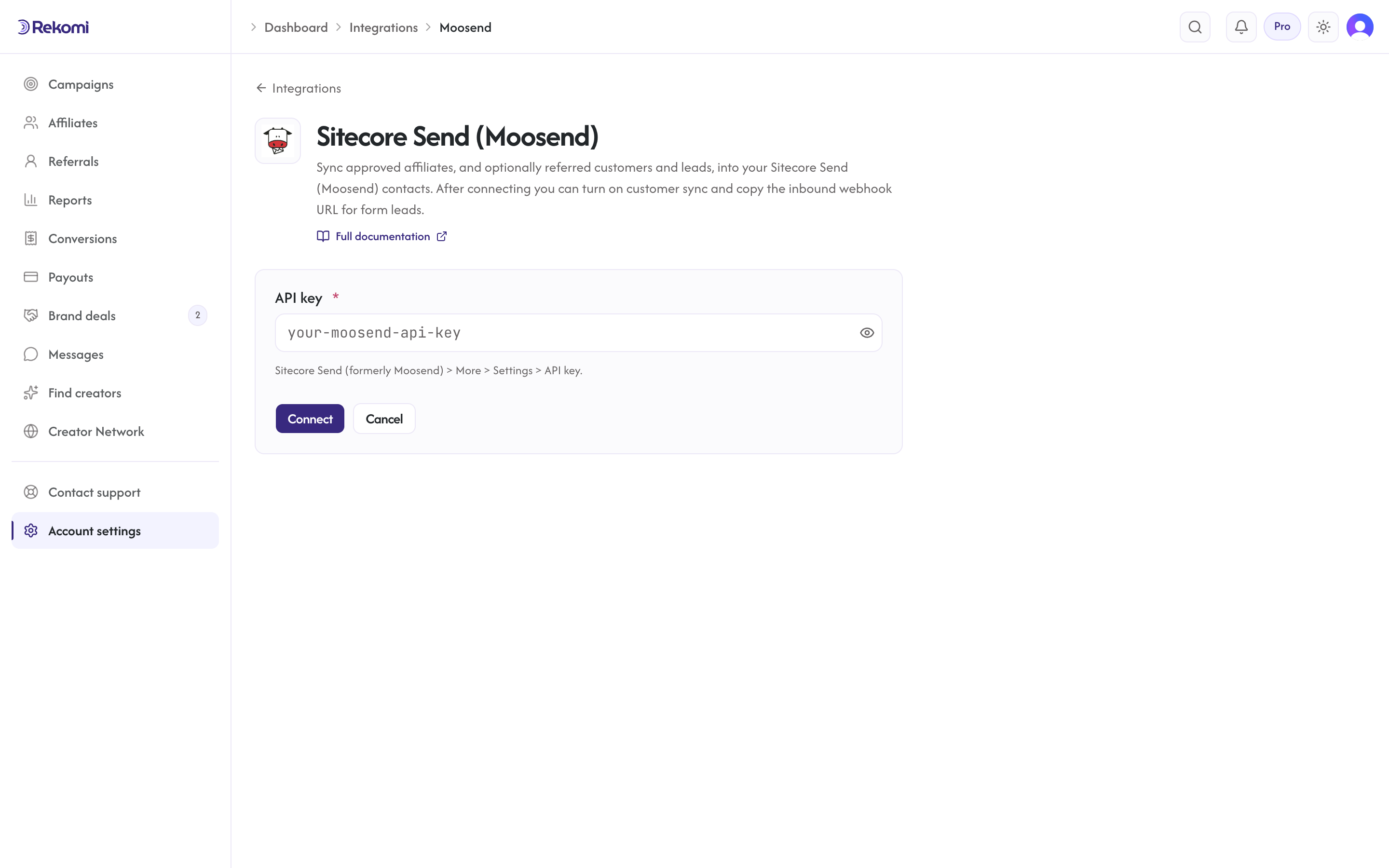 The Sitecore Send (Moosend) connect form in Rekomi with the API key input and Connect button