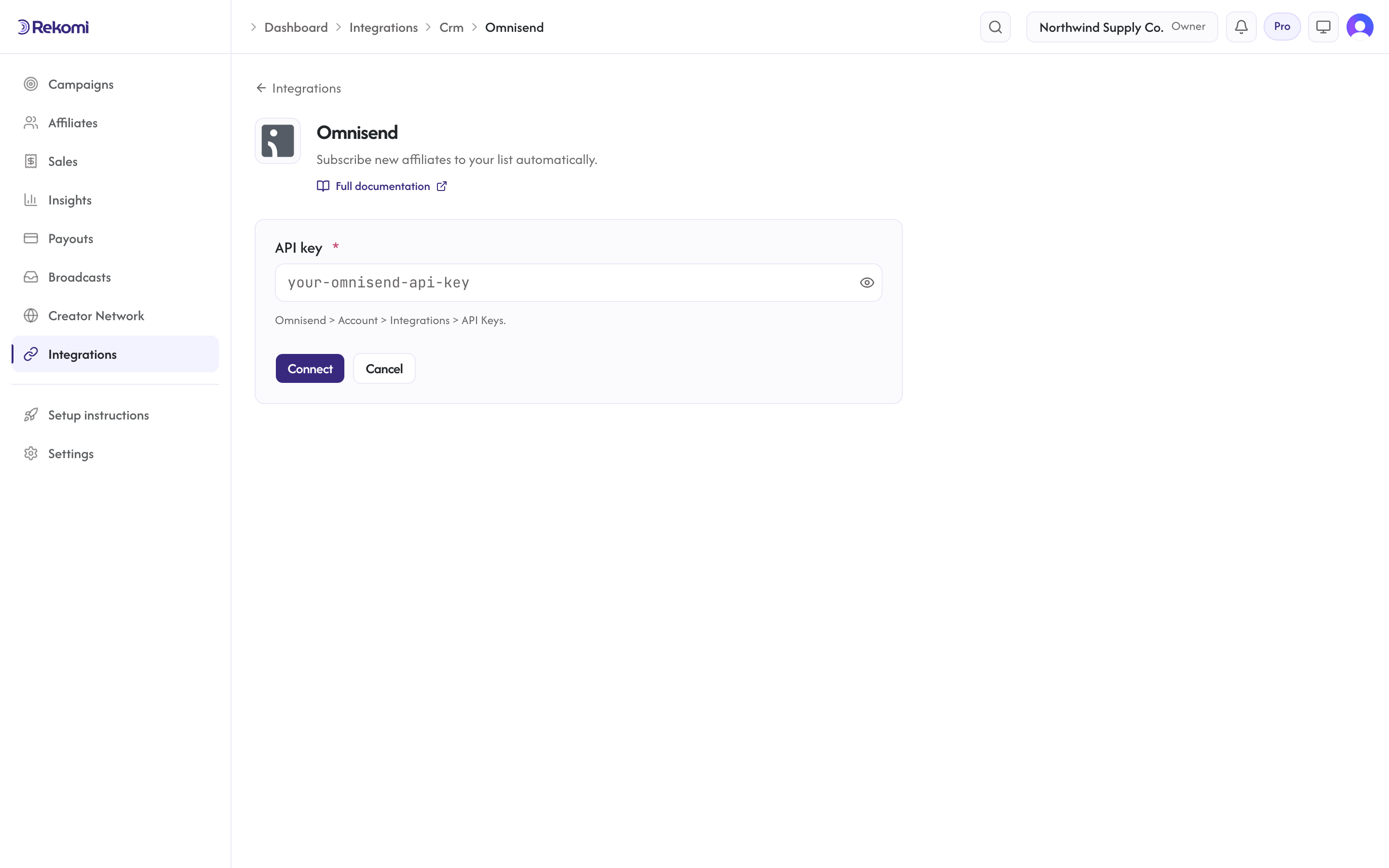 The Omnisend connect form in Rekomi with the API key input and Connect button