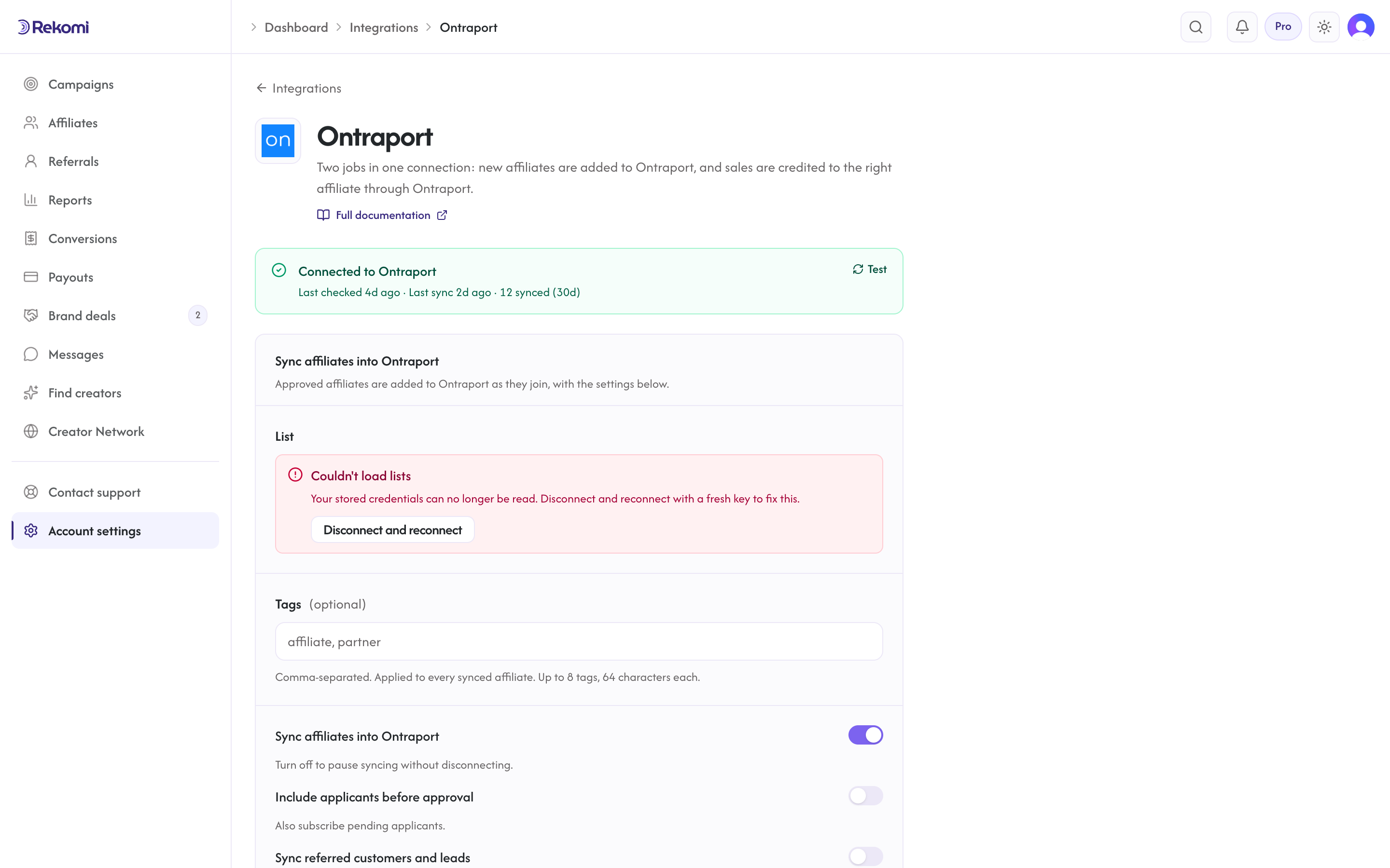 The Ontraport connect form in Rekomi with the App ID and API key inputs and Connect button