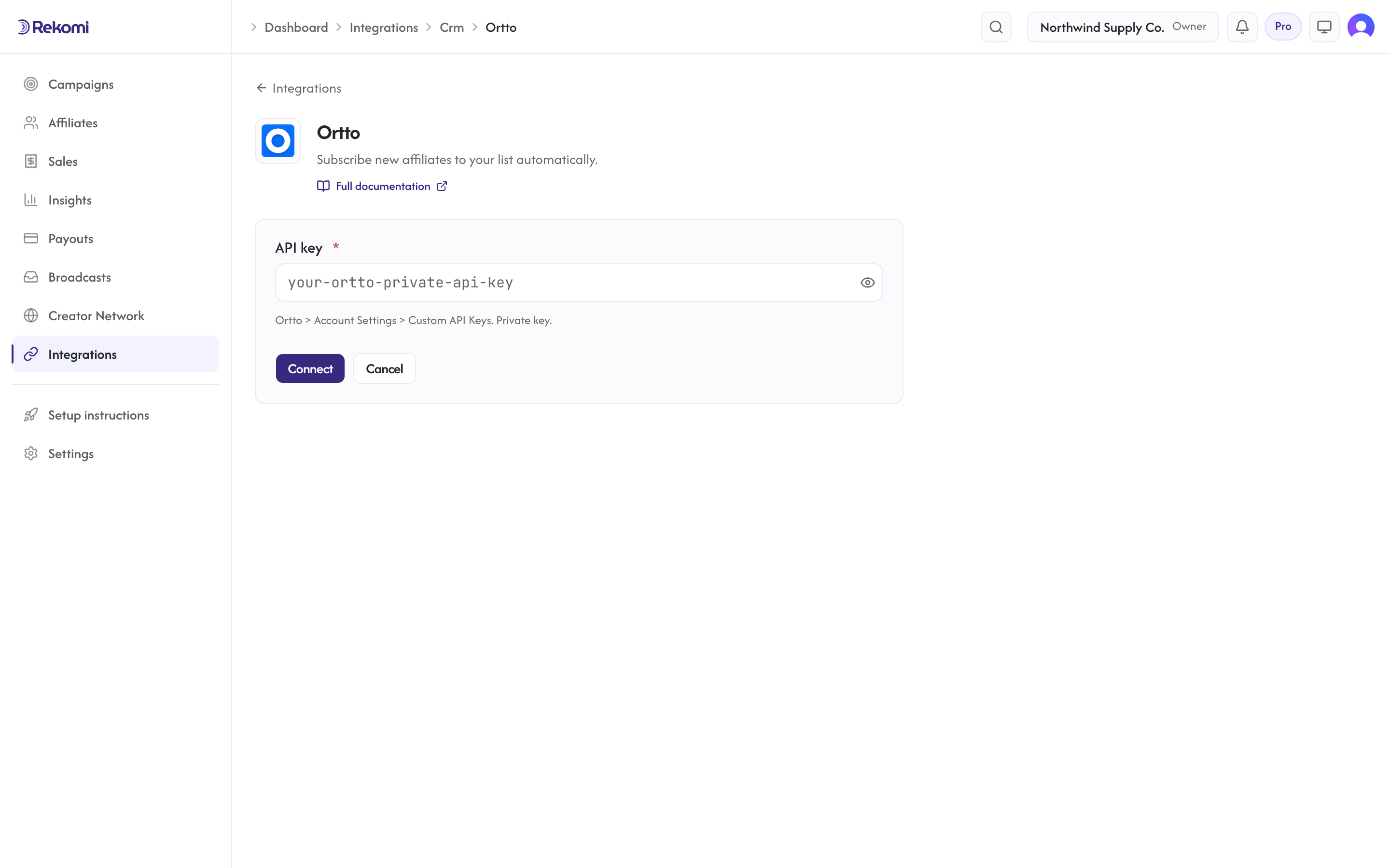 The Ortto connect form in Rekomi with the API key input and Connect button