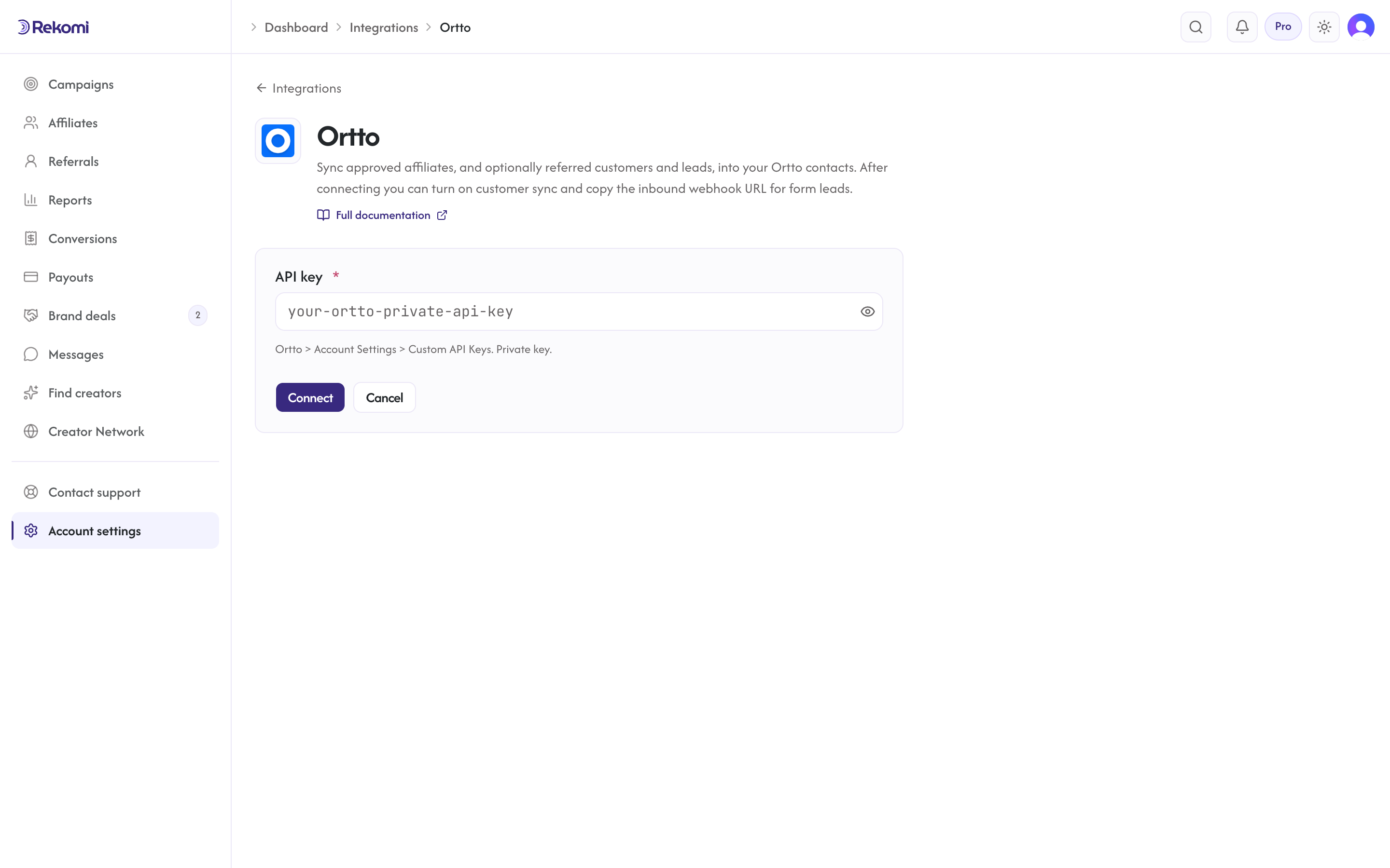 The Ortto connect form in Rekomi with the API key input and Connect button