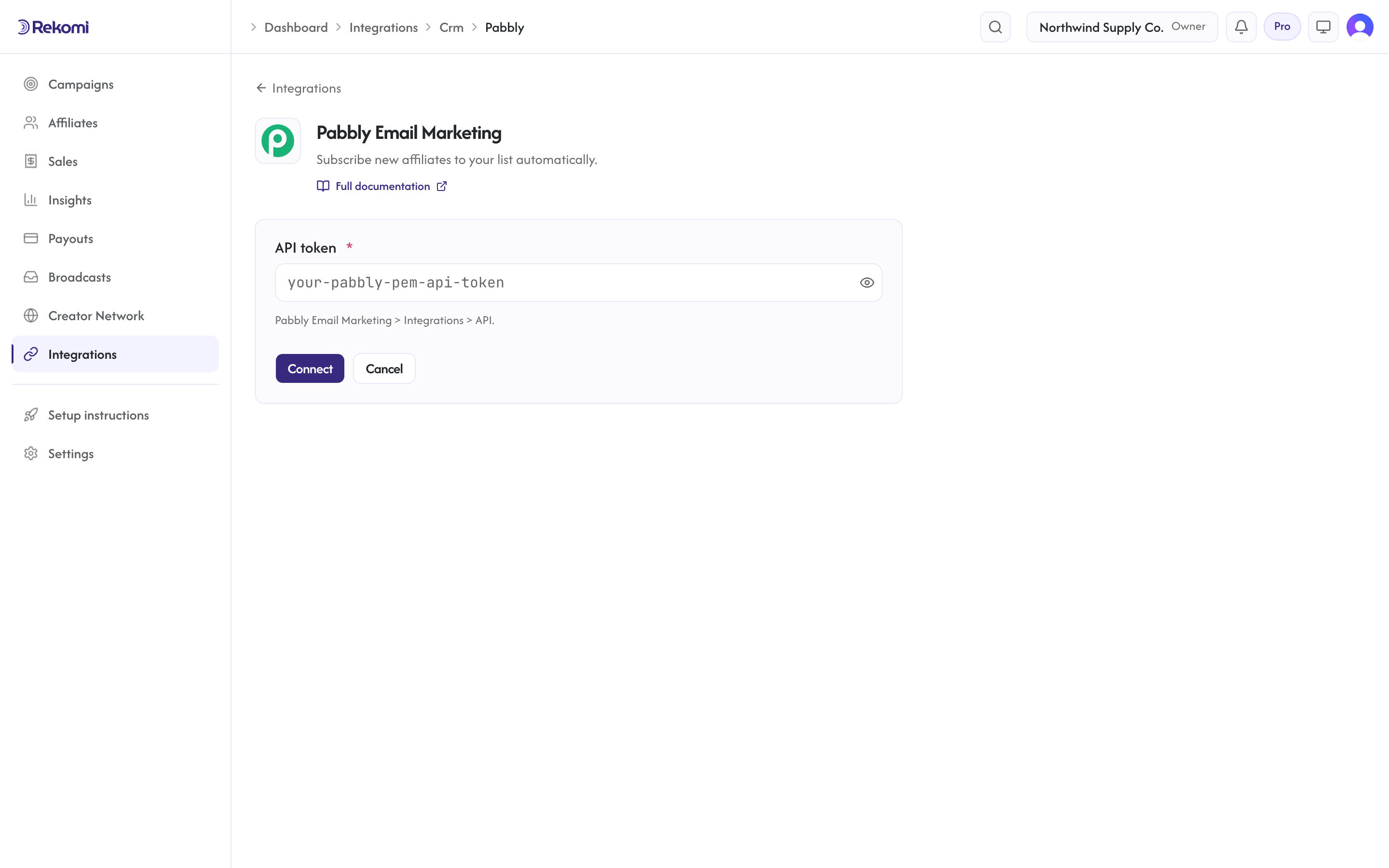 The Pabbly Email Marketing connect form in Rekomi with the API token input and Connect button