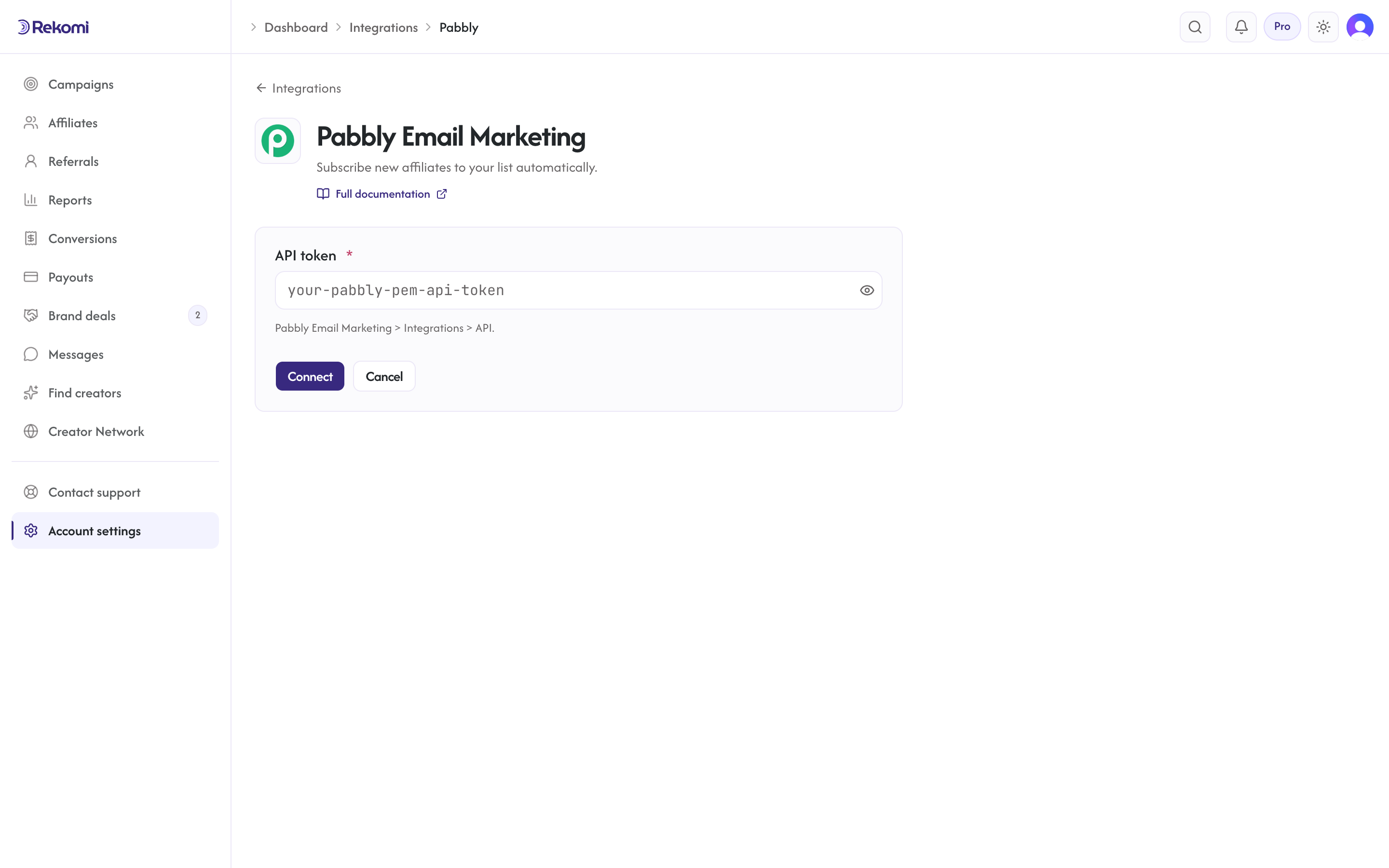The Pabbly Email Marketing connect form in Rekomi with the API token input and Connect button