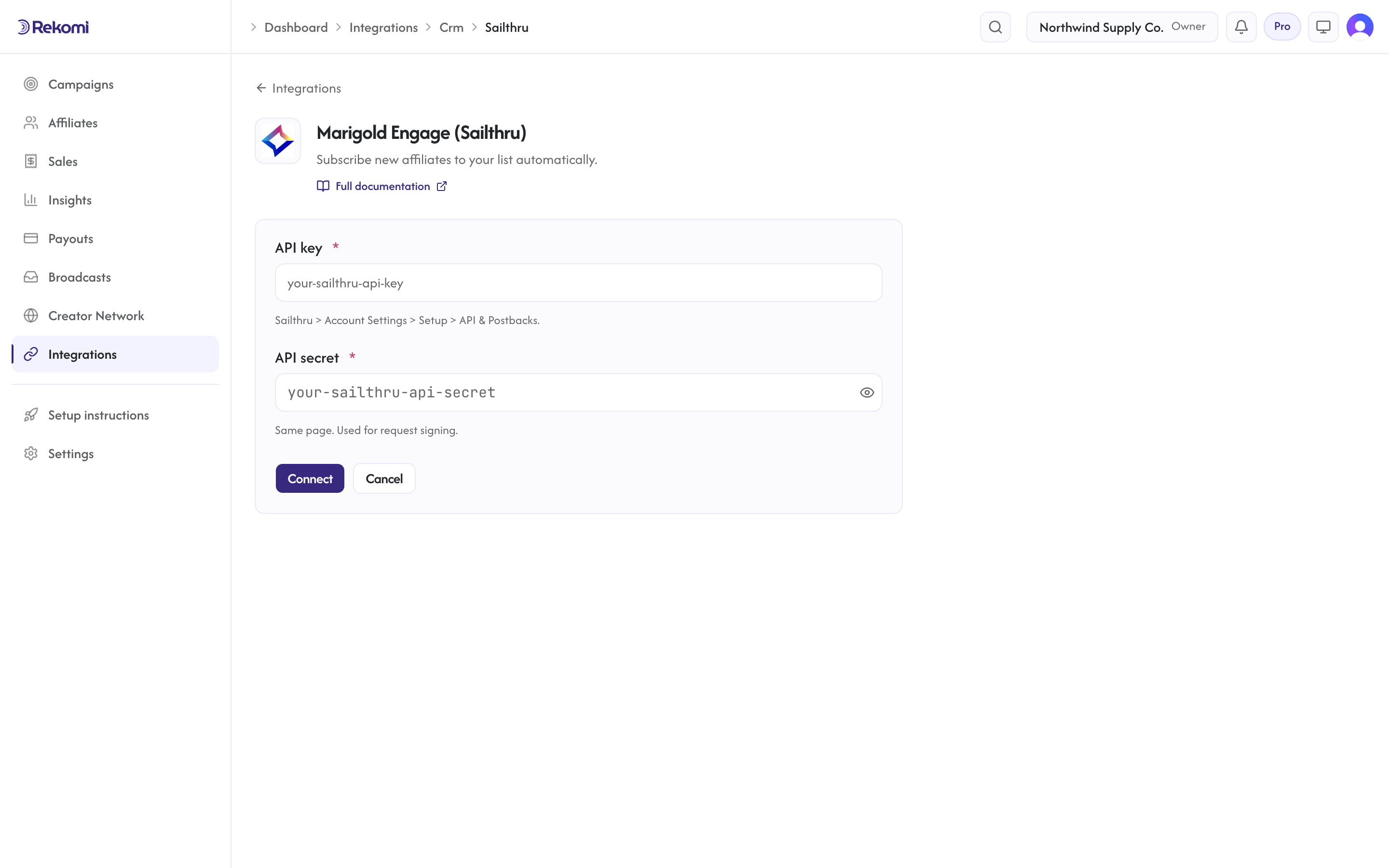 The Marigold Engage (Sailthru) connect form in Rekomi with the API key and API secret inputs and Connect button
