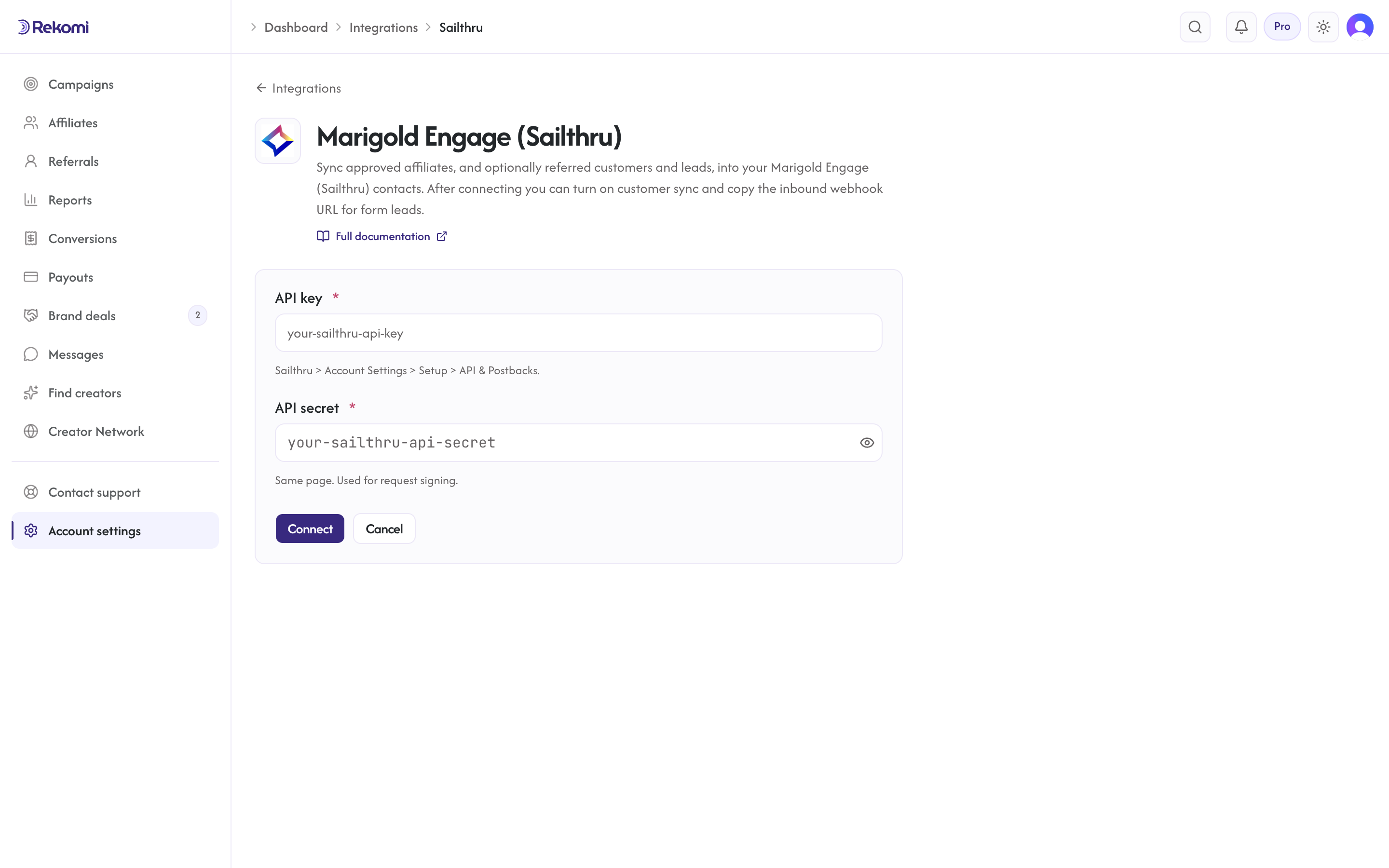 The Marigold Engage (Sailthru) connect form in Rekomi with the API key and API secret inputs and Connect button