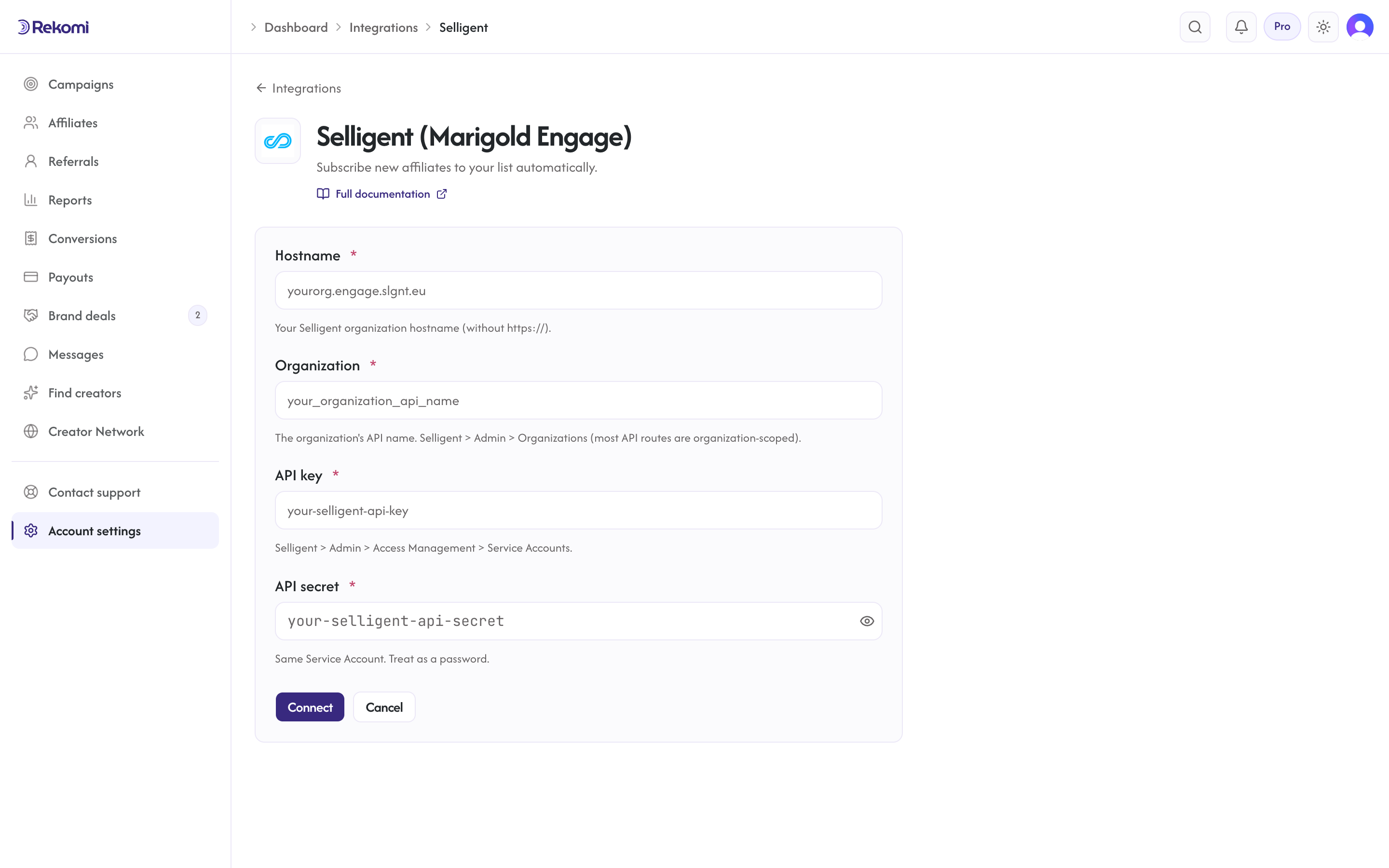 The Selligent connect form in Rekomi with the Hostname, Organization, API key, and API secret inputs and Connect button