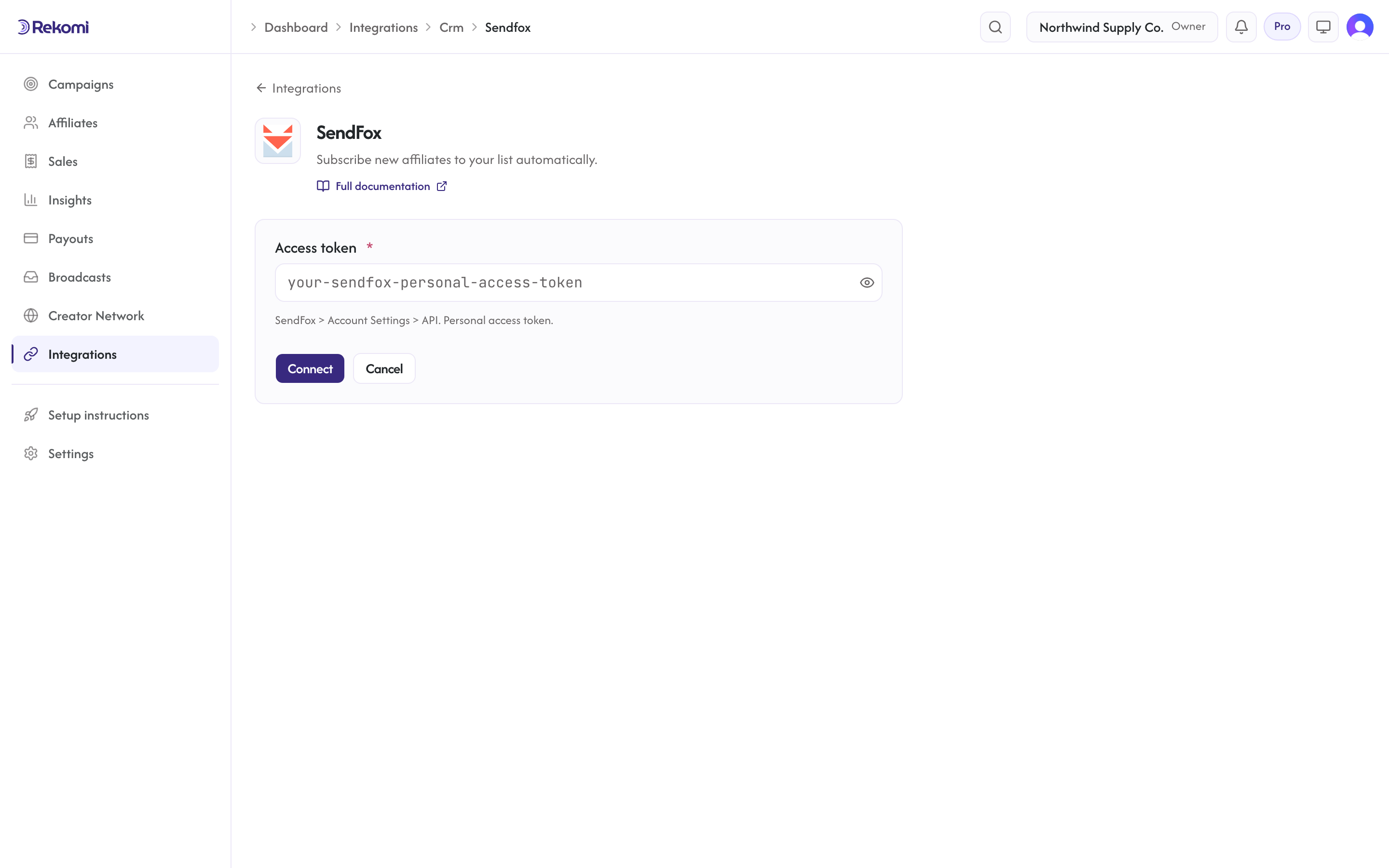 The SendFox connect form in Rekomi with the Access token input and Connect button