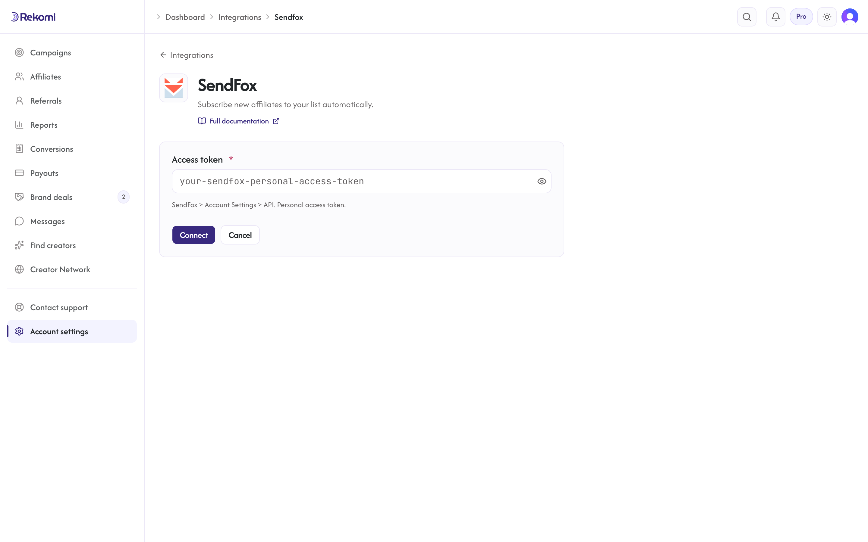 The SendFox connect form in Rekomi with the Access token input and Connect button