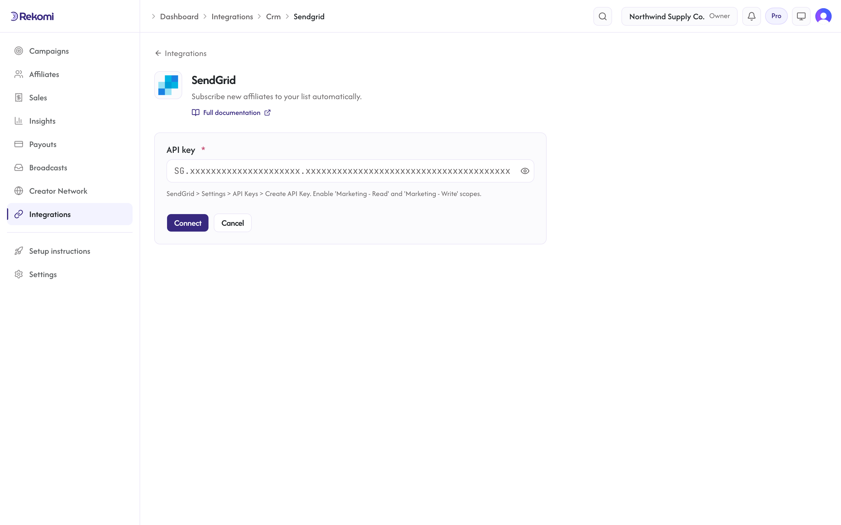The SendGrid connect form in Rekomi with the API key input and Connect button