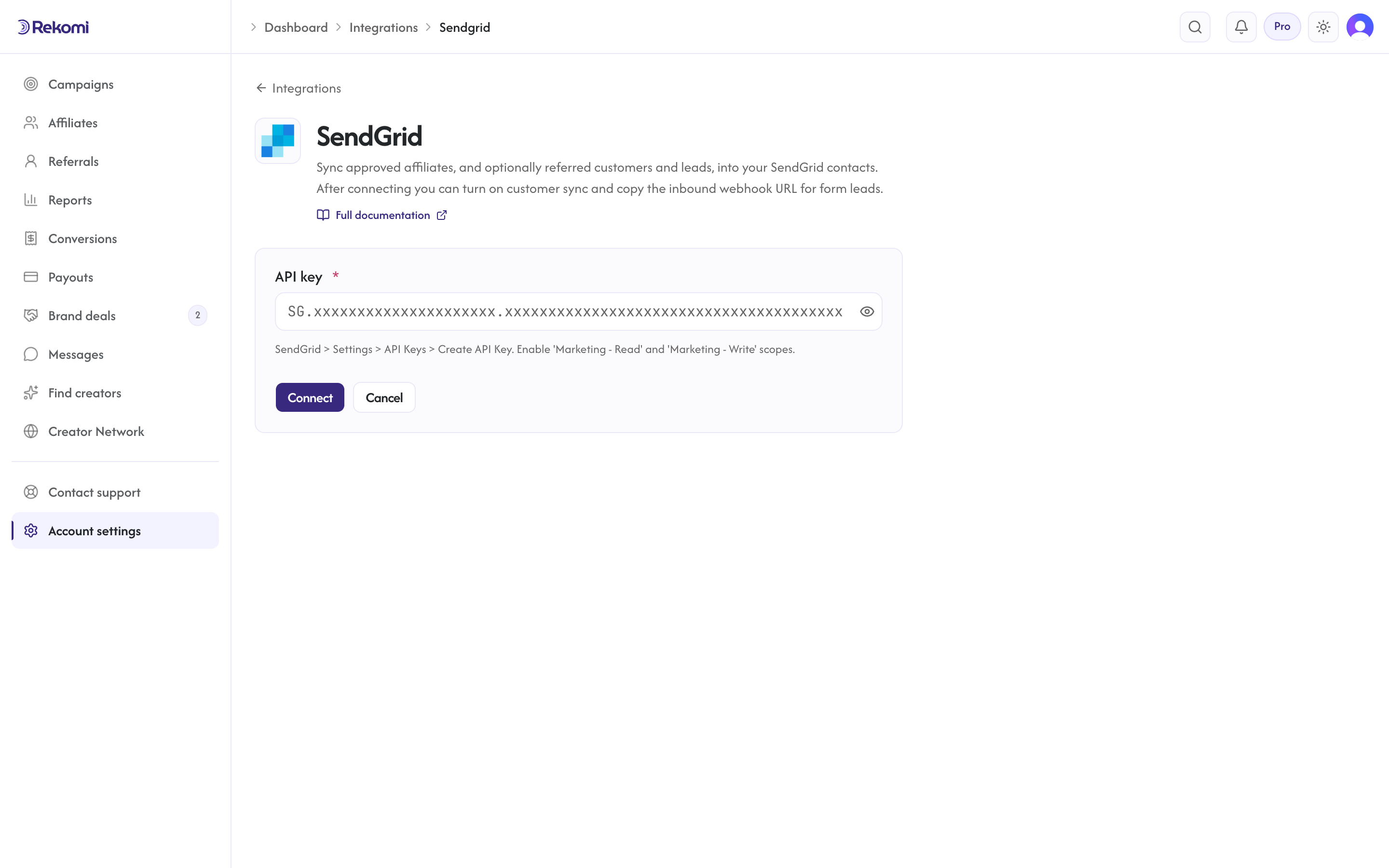 The SendGrid connect form in Rekomi with the API key input and Connect button
