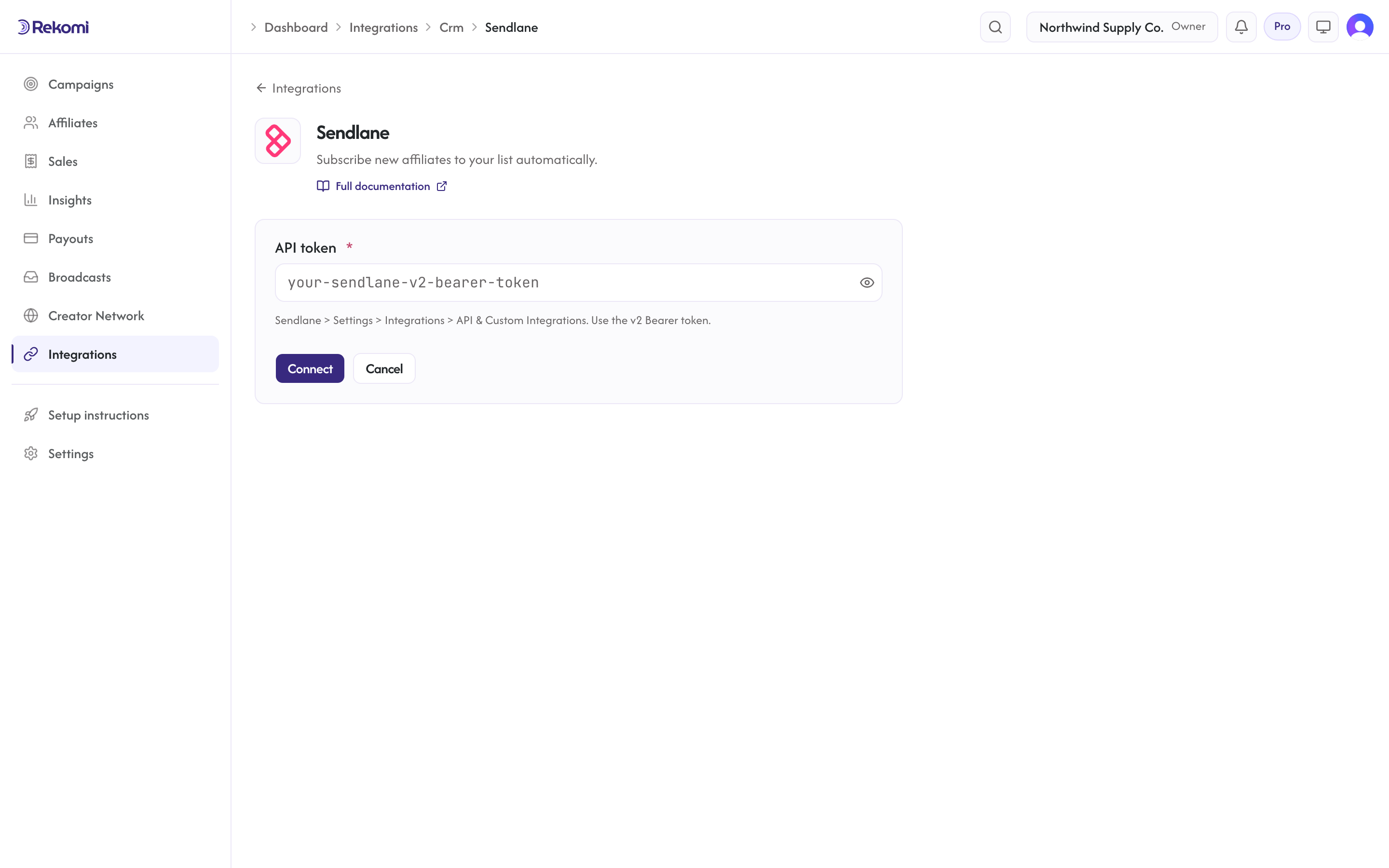 The Sendlane connect form in Rekomi with the API token input and Connect button