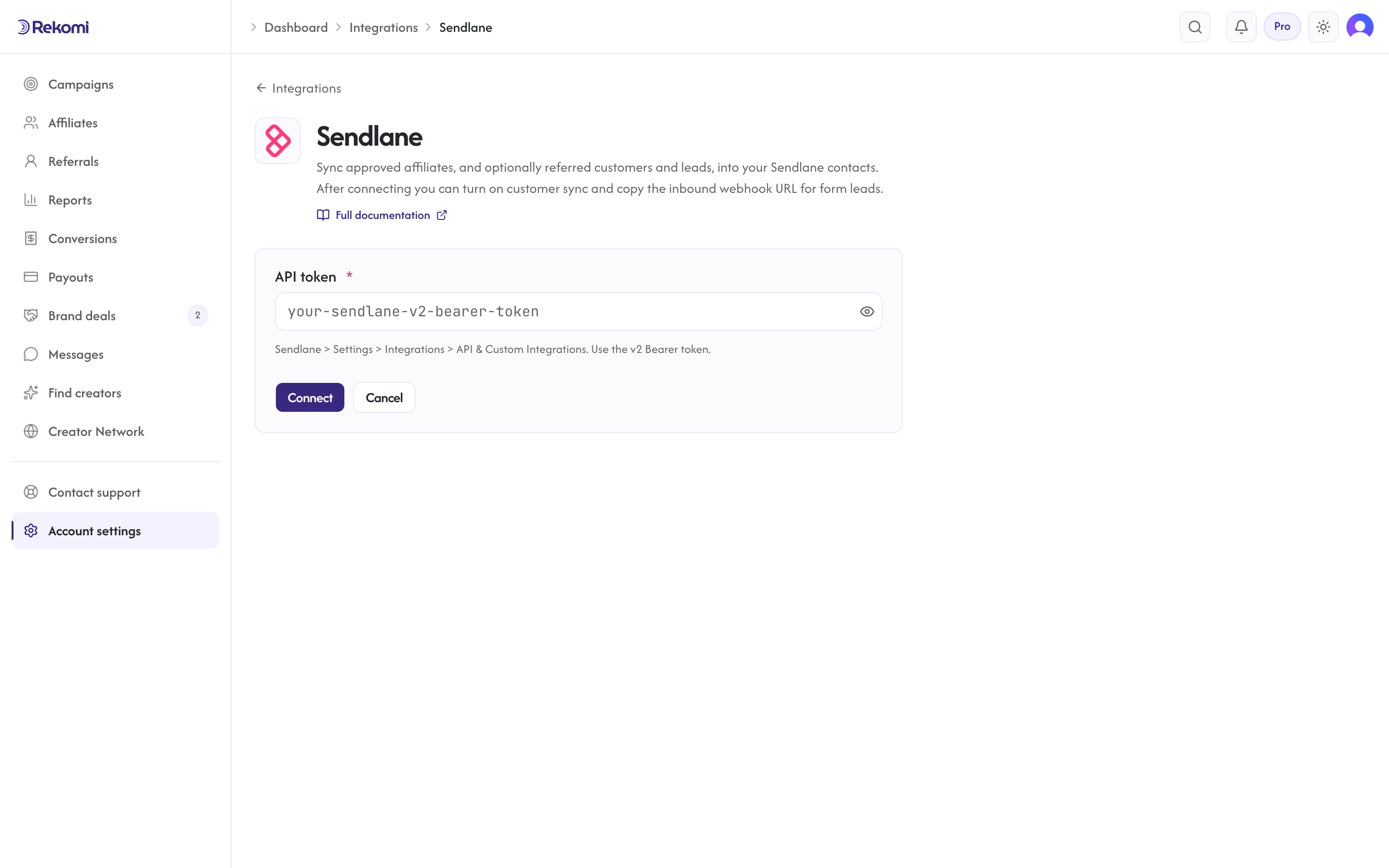 The Sendlane connect form in Rekomi with the API token input and Connect button