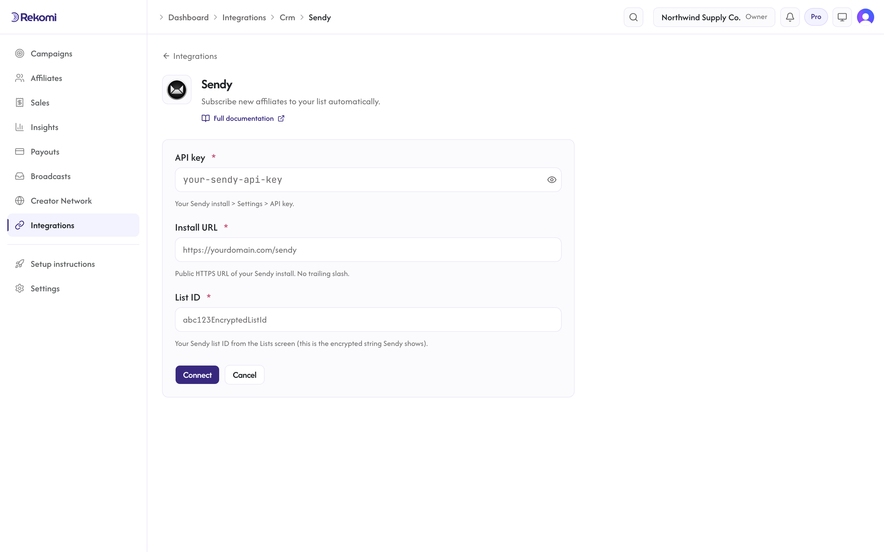 The Sendy connect form in Rekomi with the API key, Install URL, and List ID inputs and Connect button