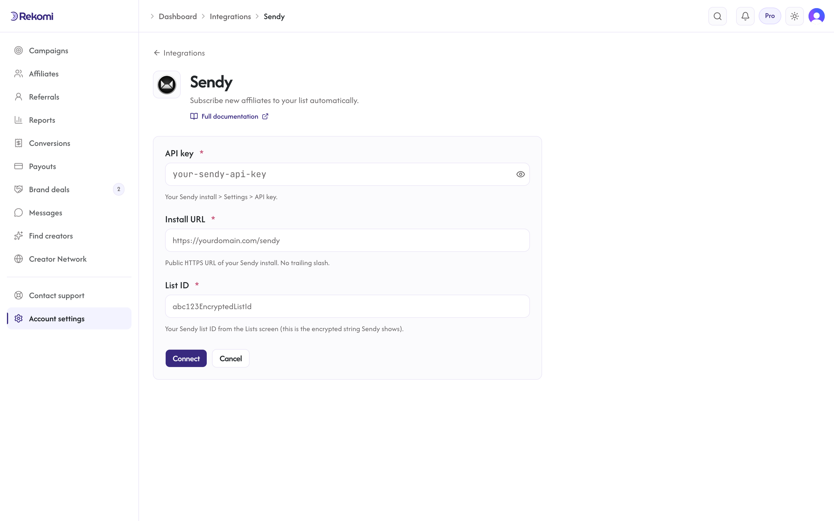 The Sendy connect form in Rekomi with the API key, Install URL, and List ID inputs and Connect button
