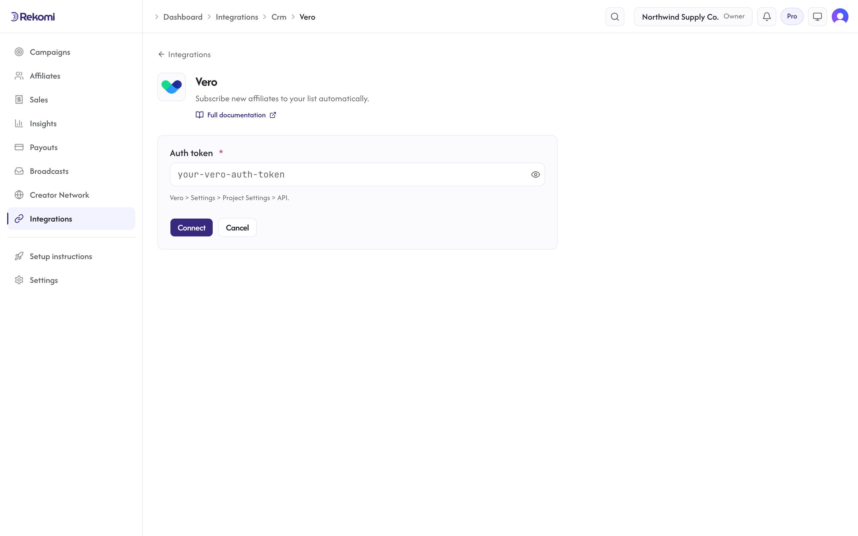 The Vero connect form in Rekomi with the Auth token input and Connect button