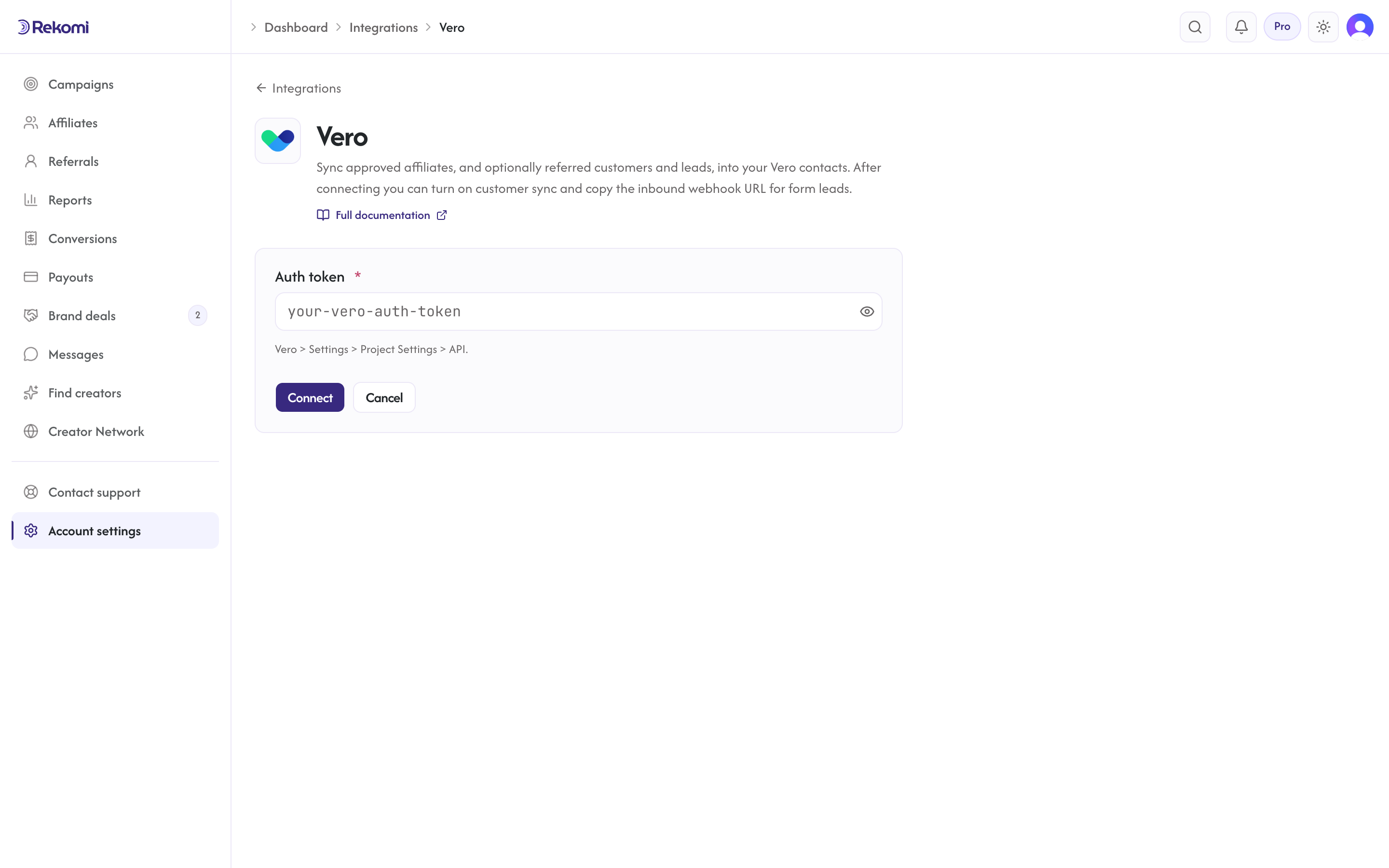 The Vero connect form in Rekomi with the Auth token input and Connect button