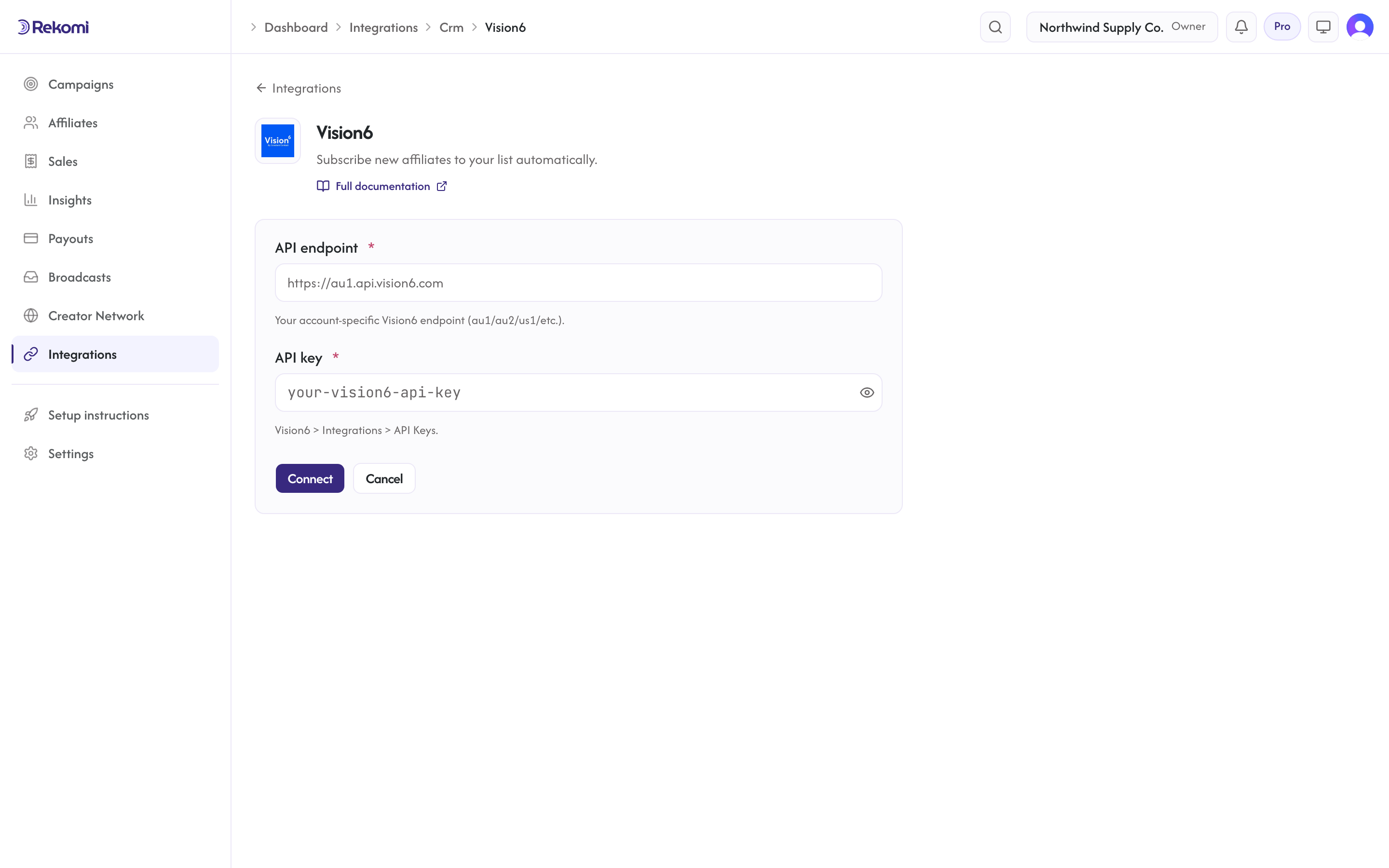 The Vision6 connect form in Rekomi with the API endpoint and API key inputs and Connect button