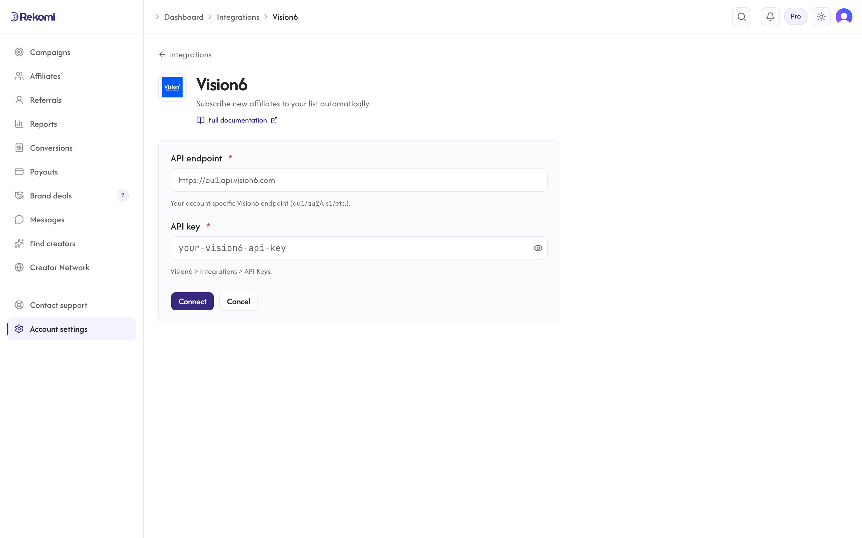 The Vision6 connect form in Rekomi with the API endpoint and API key inputs and Connect button