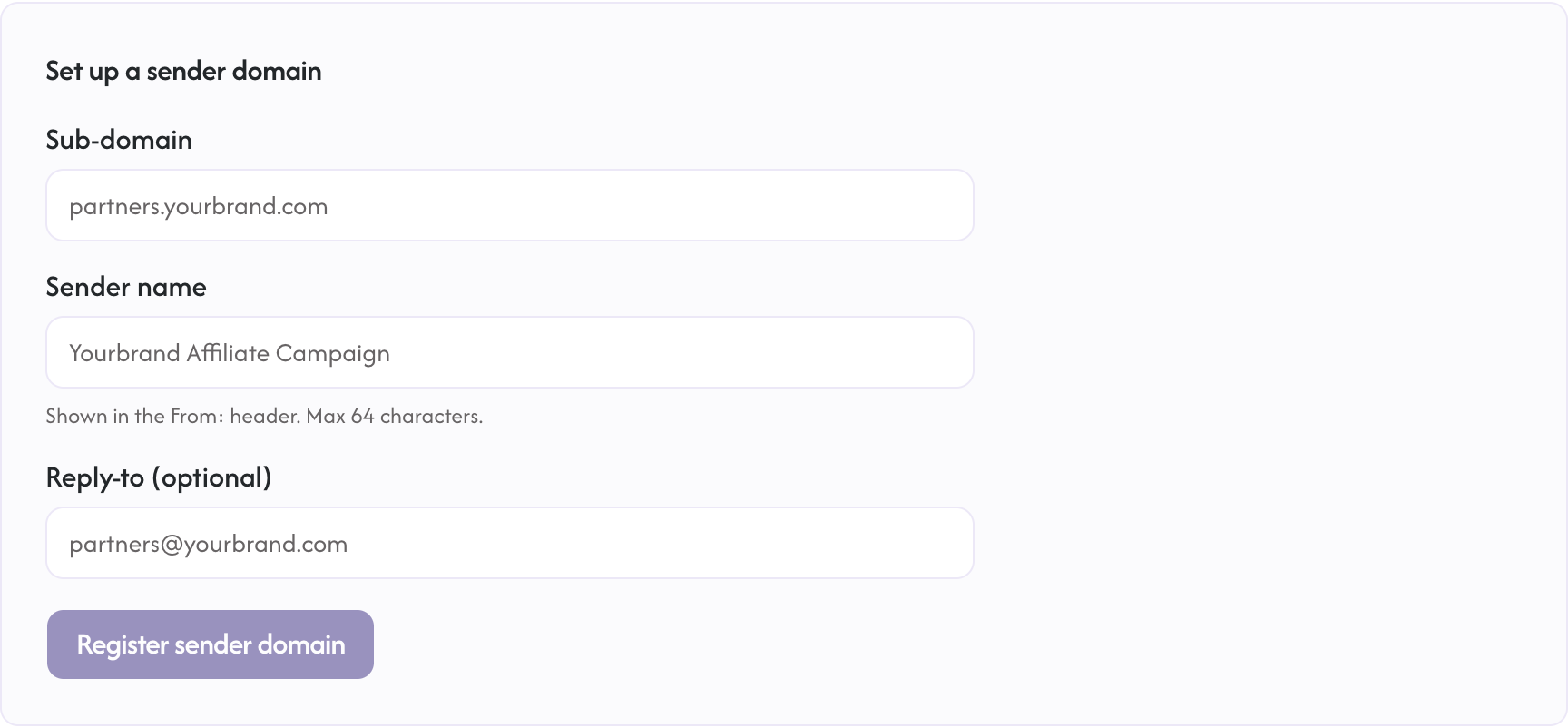 The sending domain setup form with sub-domain, sender name, and reply-to fields
