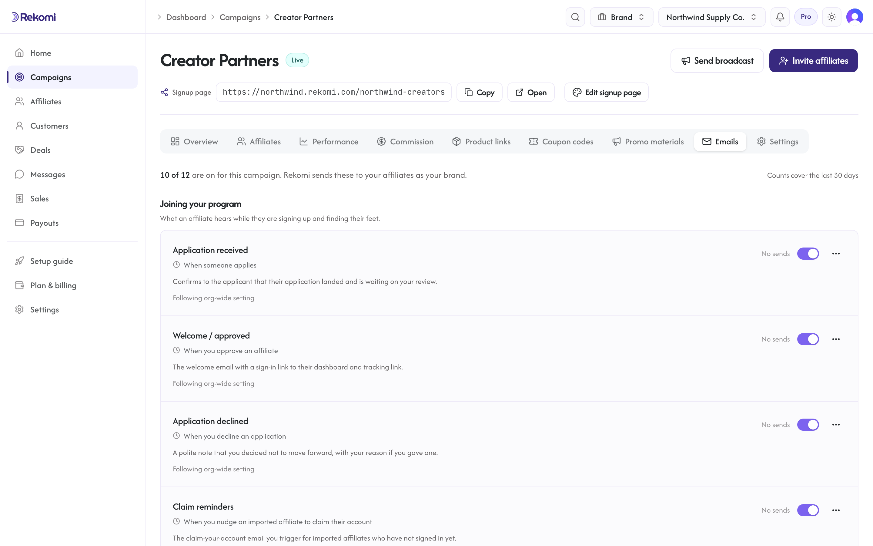 The Automated tab with a table of lifecycle emails, 30-day send counts, and on/off switches