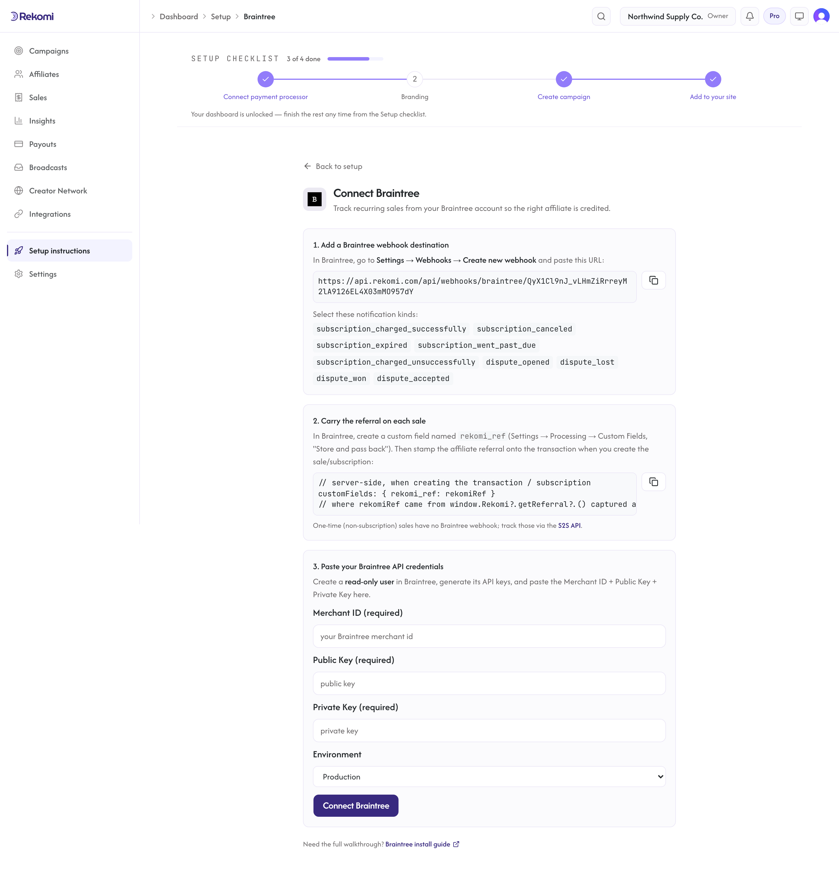 The Connect Braintree page in Rekomi showing the per-workspace webhook URL and credential fields