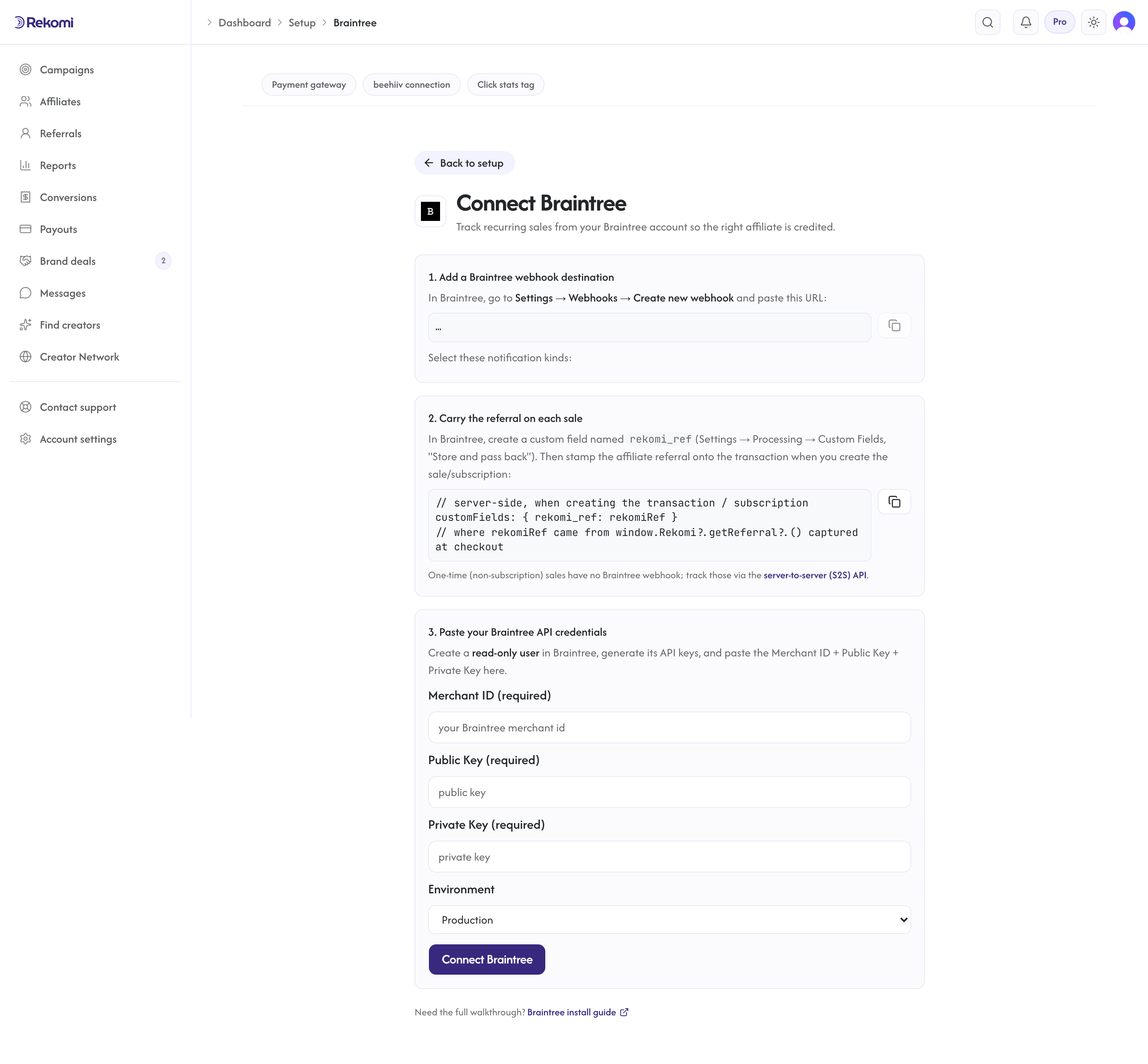 The Connect Braintree page in Rekomi showing the per-workspace webhook URL and credential fields