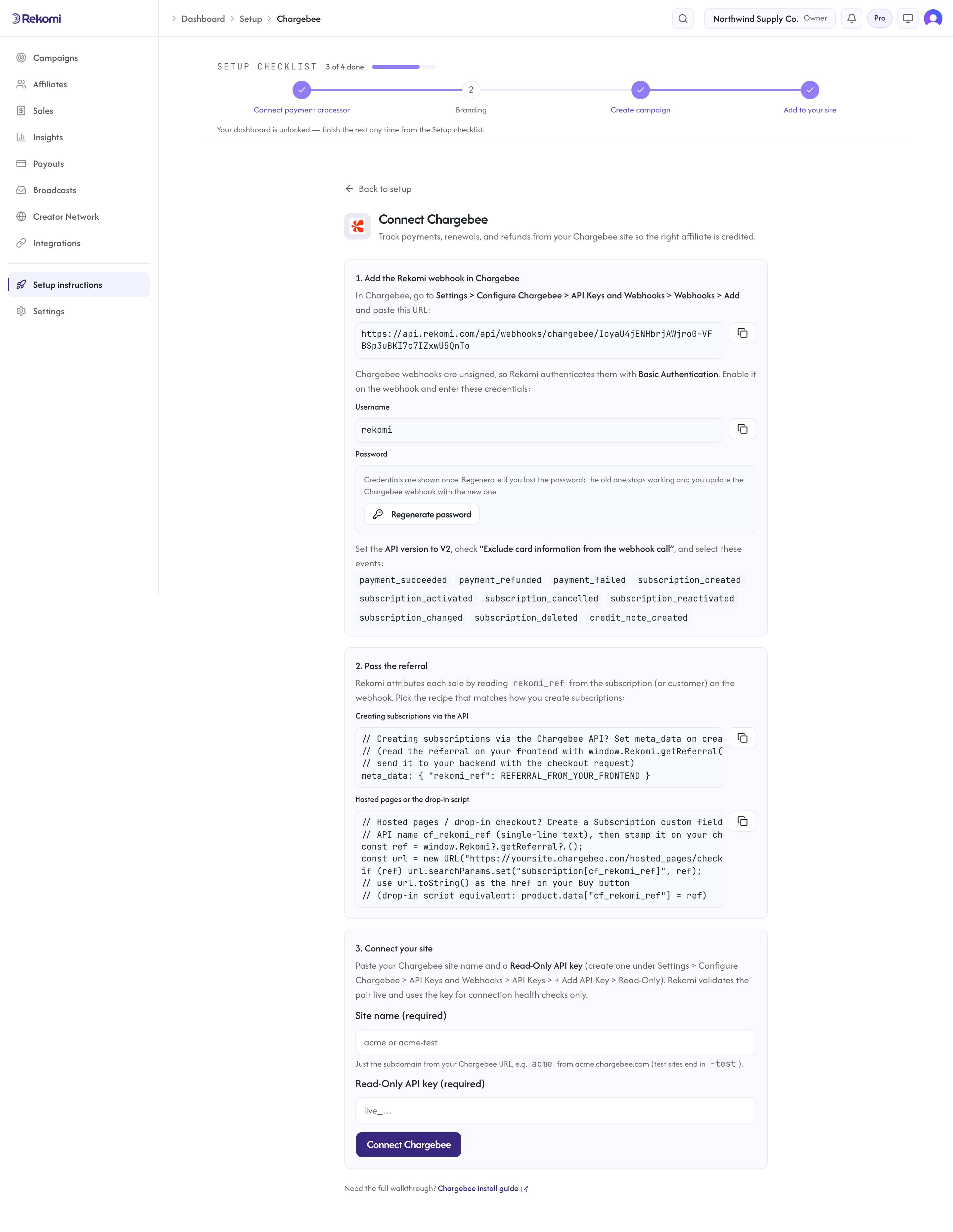 The Connect Chargebee page in Rekomi showing the per-workspace webhook URL, Basic Authentication credentials, site name, and Read-Only API key fields