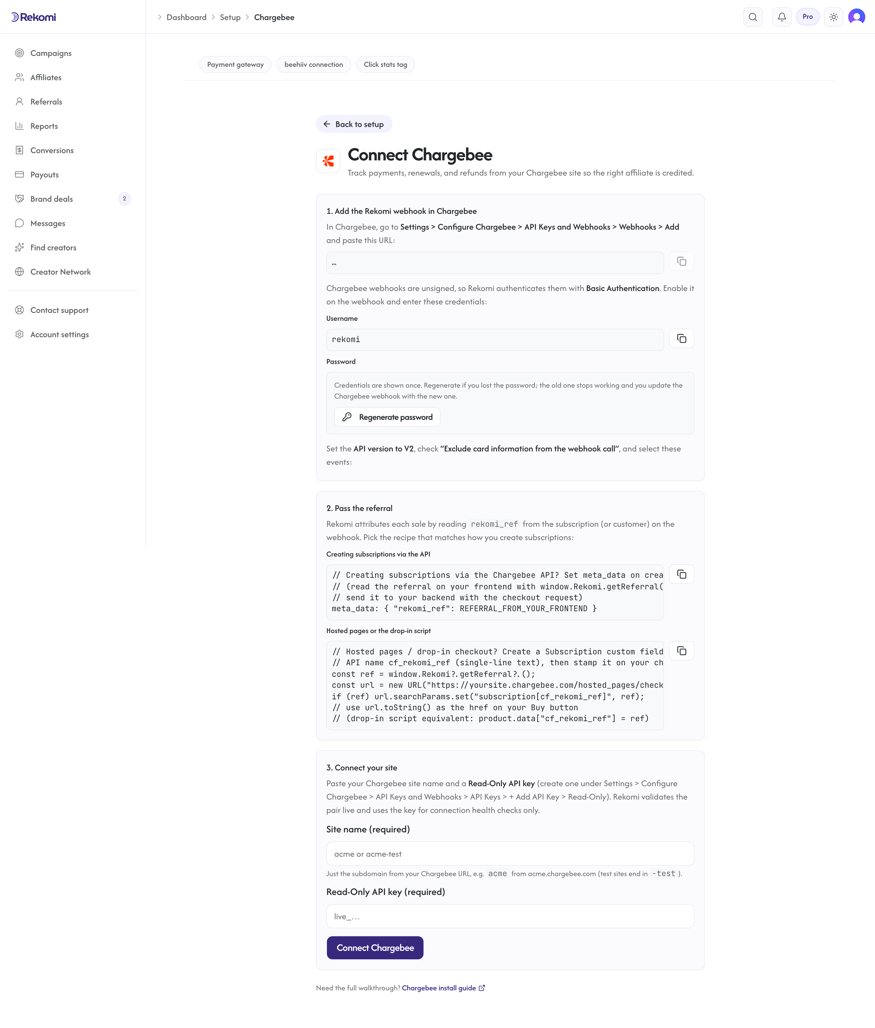 The Connect Chargebee page in Rekomi showing the per-workspace webhook URL, Basic Authentication credentials, site name, and Read-Only API key fields