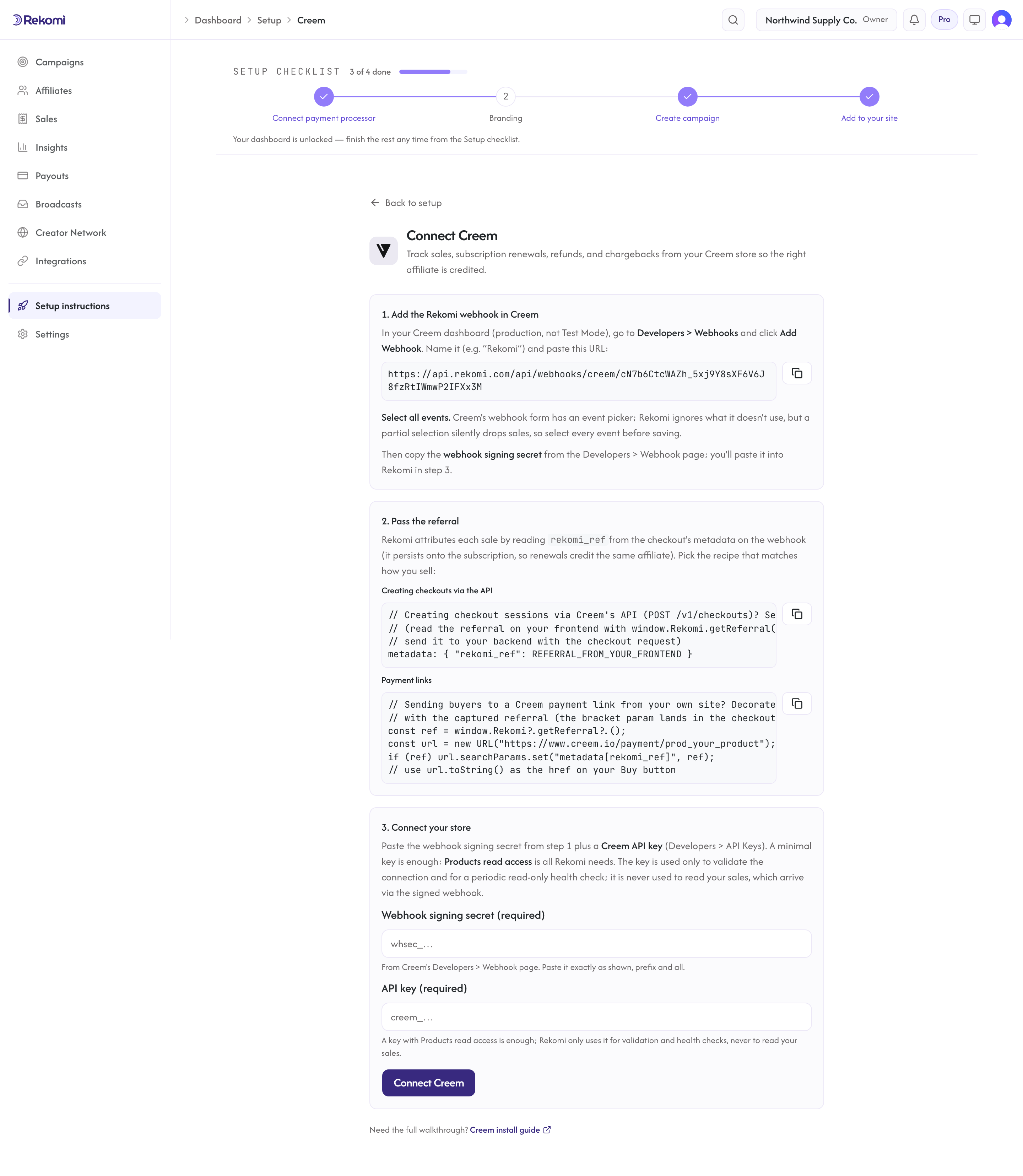 The Connect Creem page in Rekomi showing the per-workspace webhook URL, signing secret, and API key fields