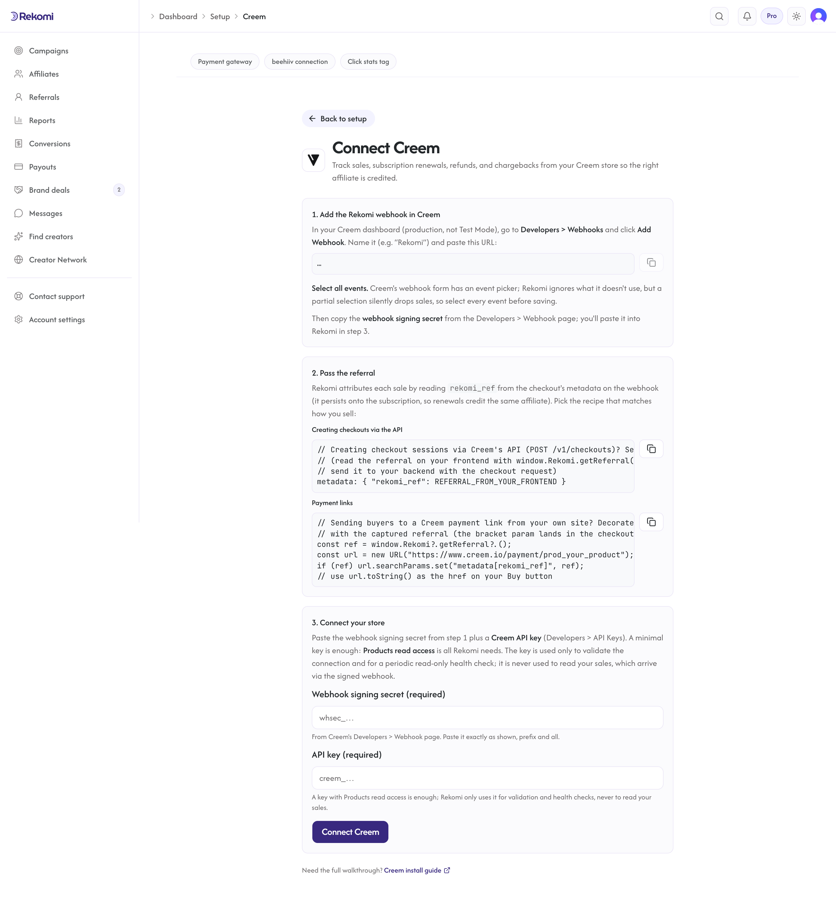 The Connect Creem page in Rekomi showing the per-workspace webhook URL, signing secret, and API key fields
