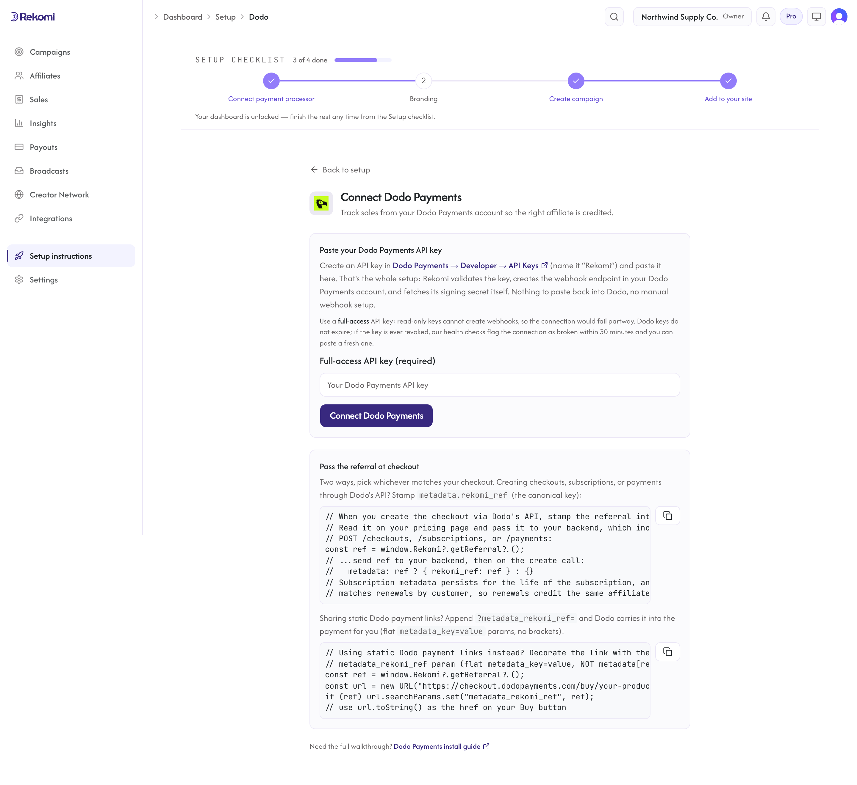 The Connect Dodo Payments page in Rekomi showing the API key form