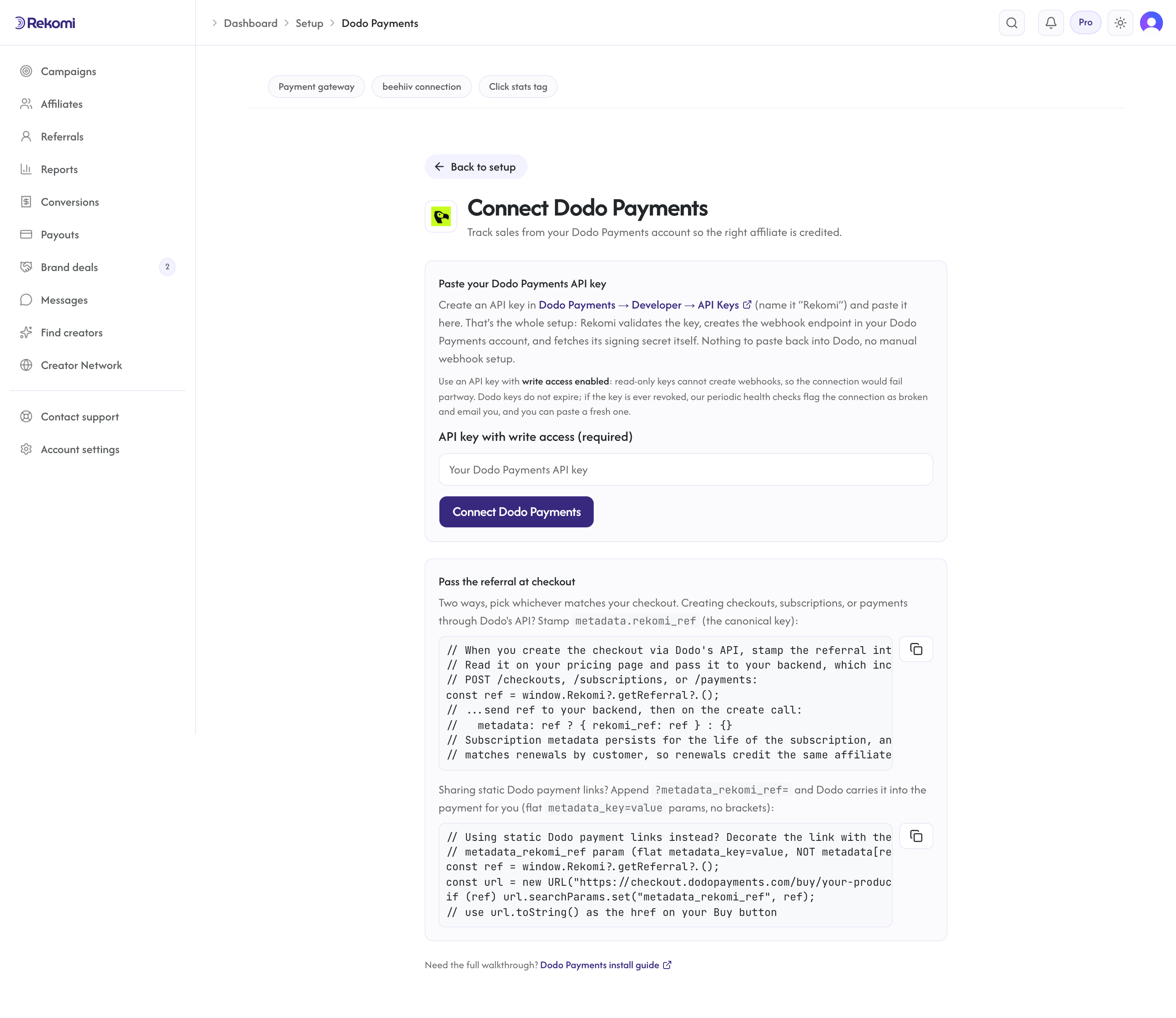 The Connect Dodo Payments page in Rekomi showing the API key form