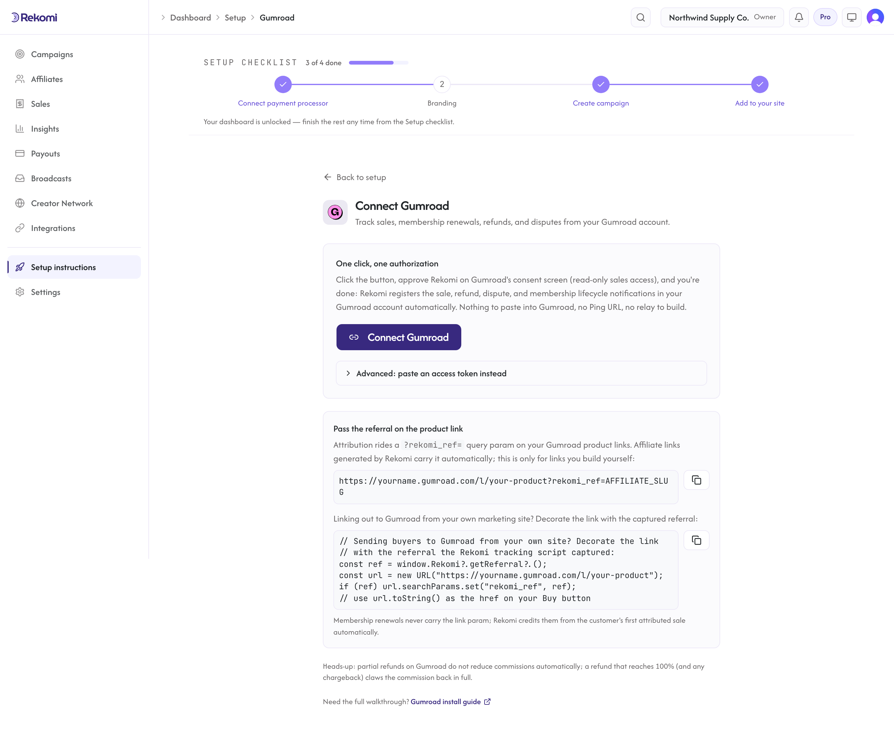 The Connect Gumroad page in Rekomi showing the one-click authorize button