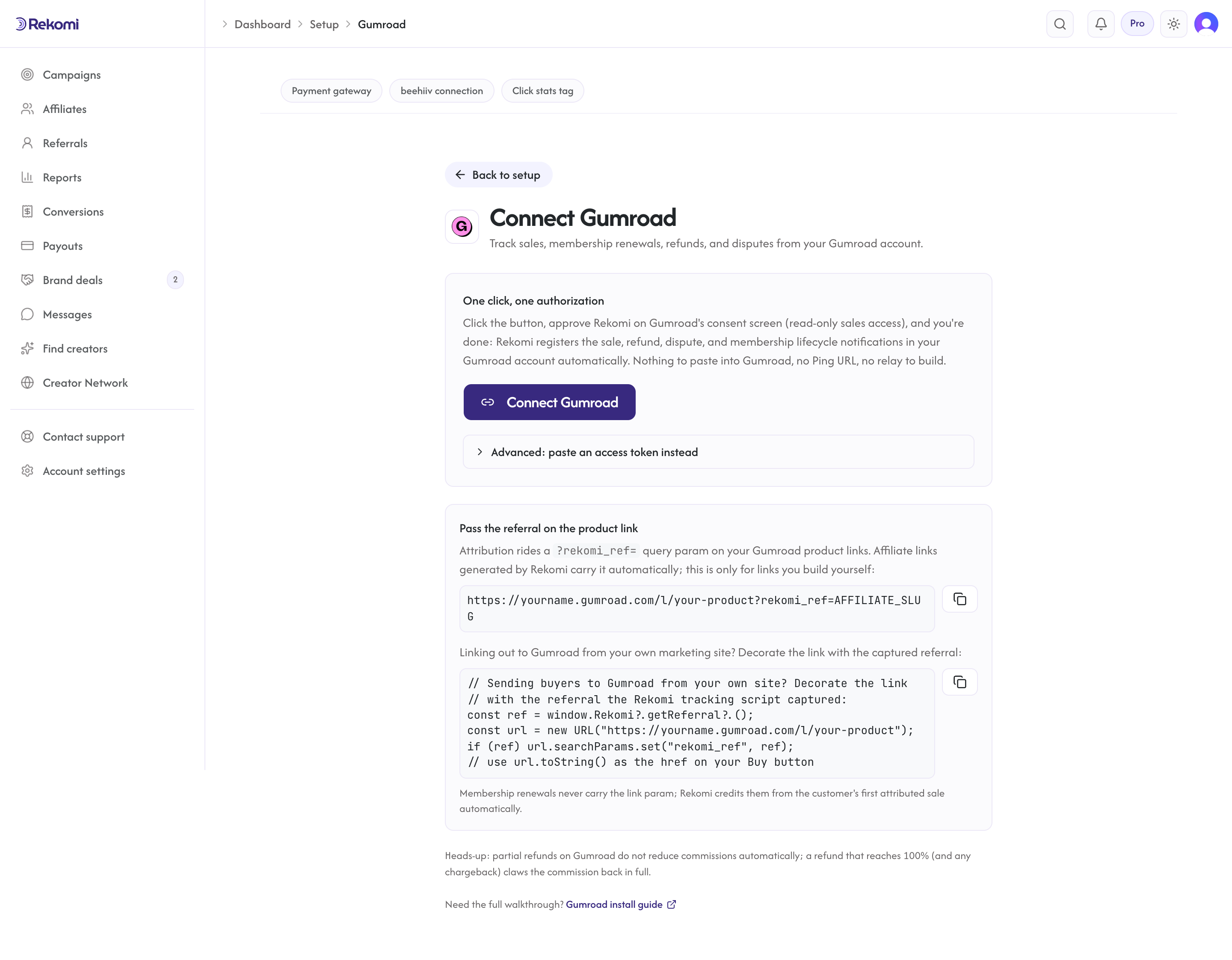 The Connect Gumroad page in Rekomi showing the one-click authorize button