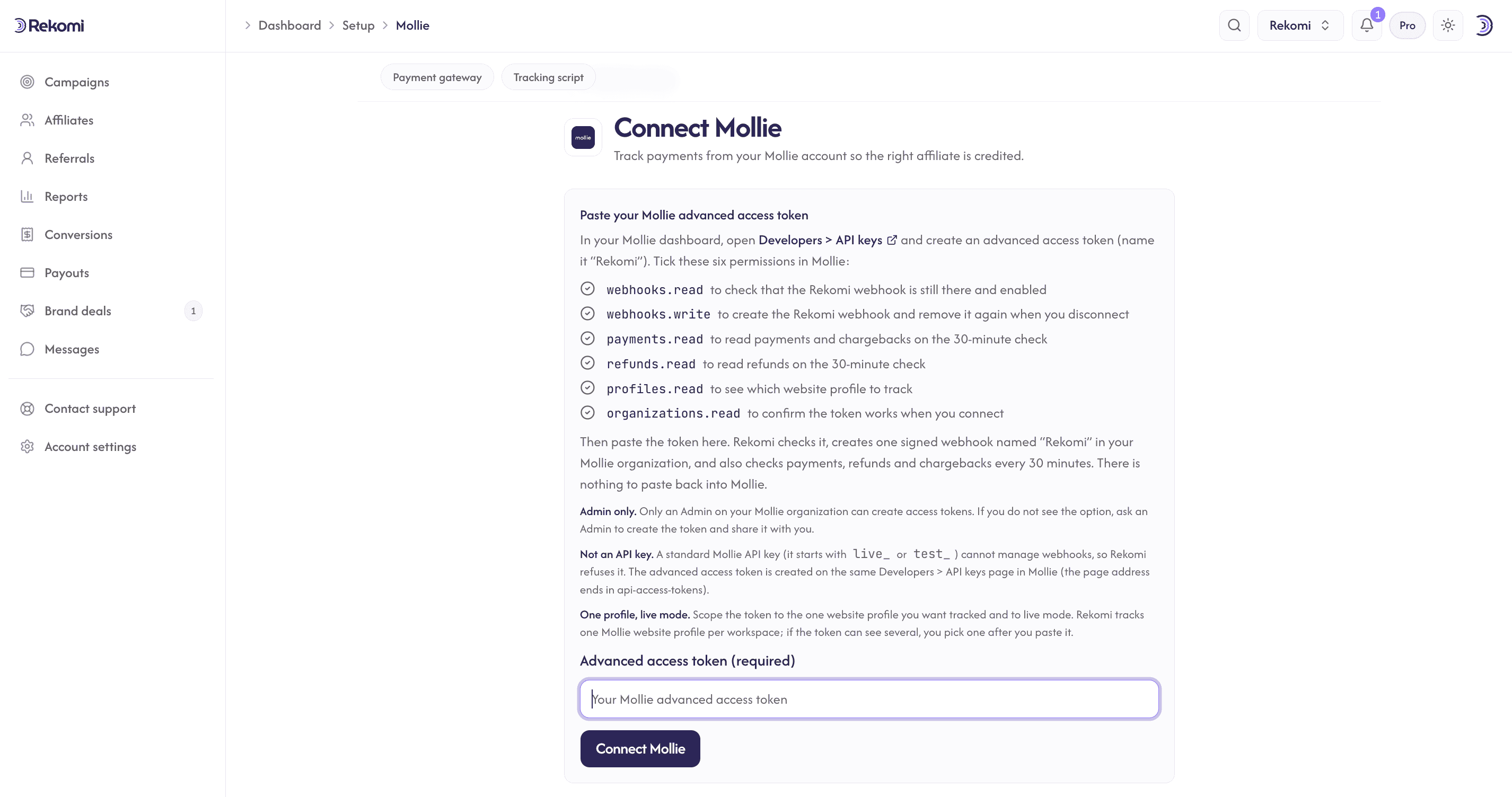 The Connect Mollie page in Rekomi showing the advanced access token form