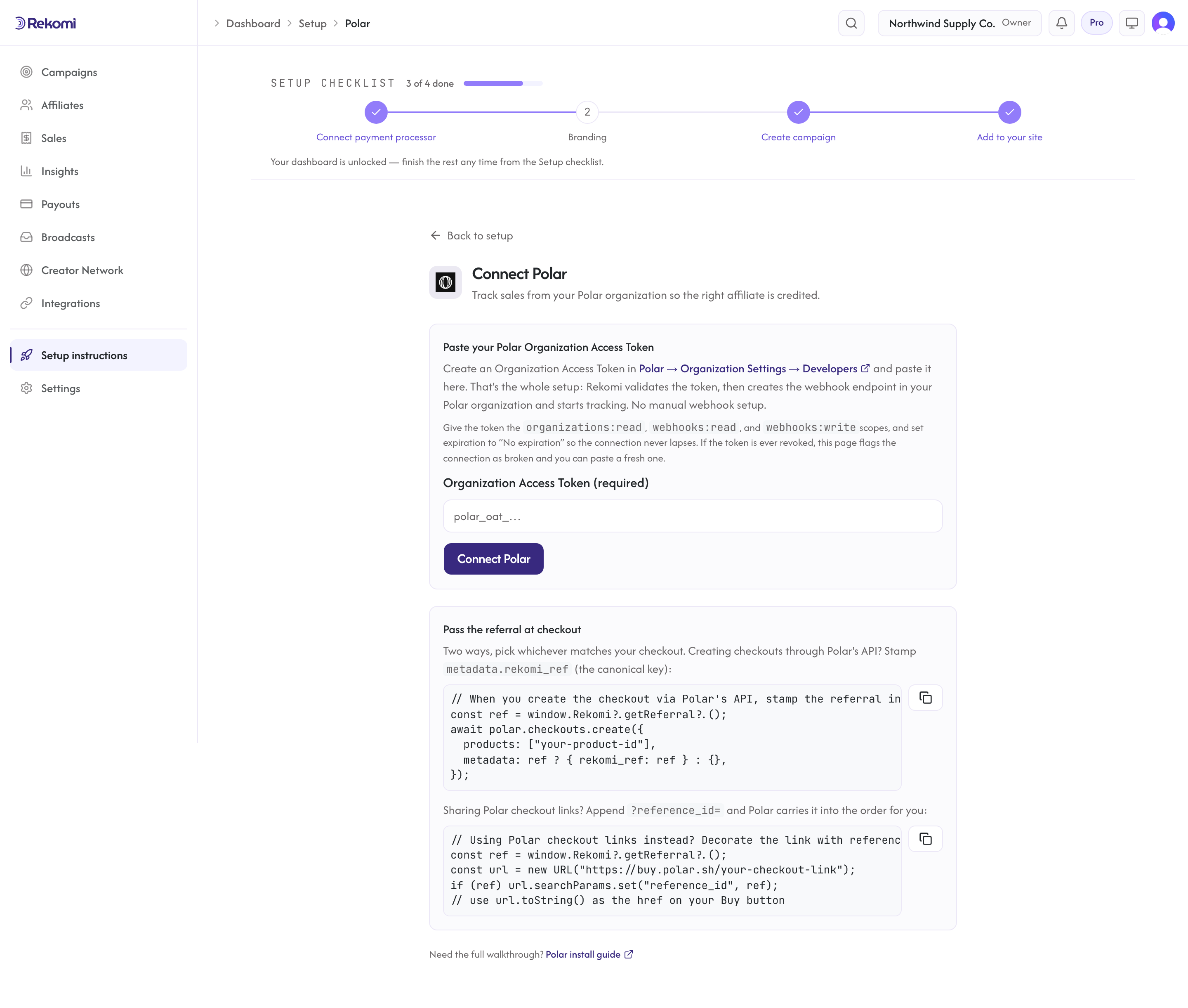 The Connect Polar page in Rekomi showing the Organization Access Token form