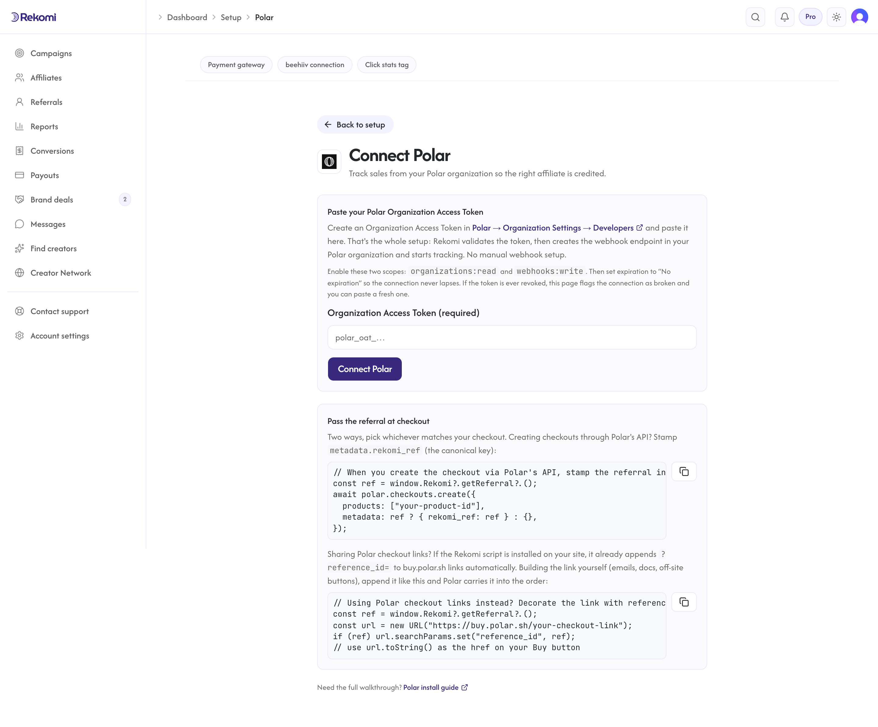 The Connect Polar page in Rekomi showing the Organization Access Token form