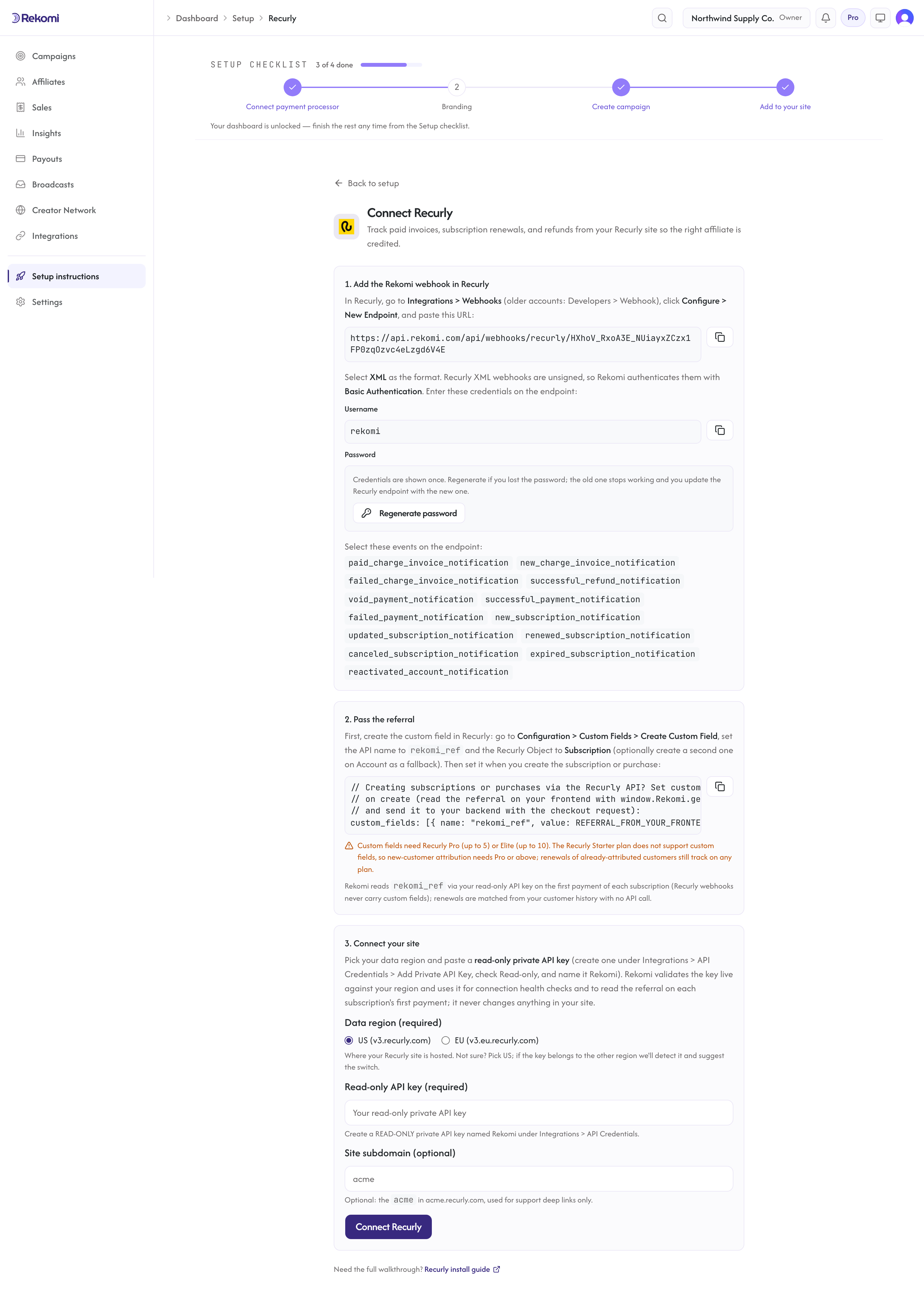 The Connect Recurly page in Rekomi showing the region picker, per-workspace webhook URL, and read-only API key field