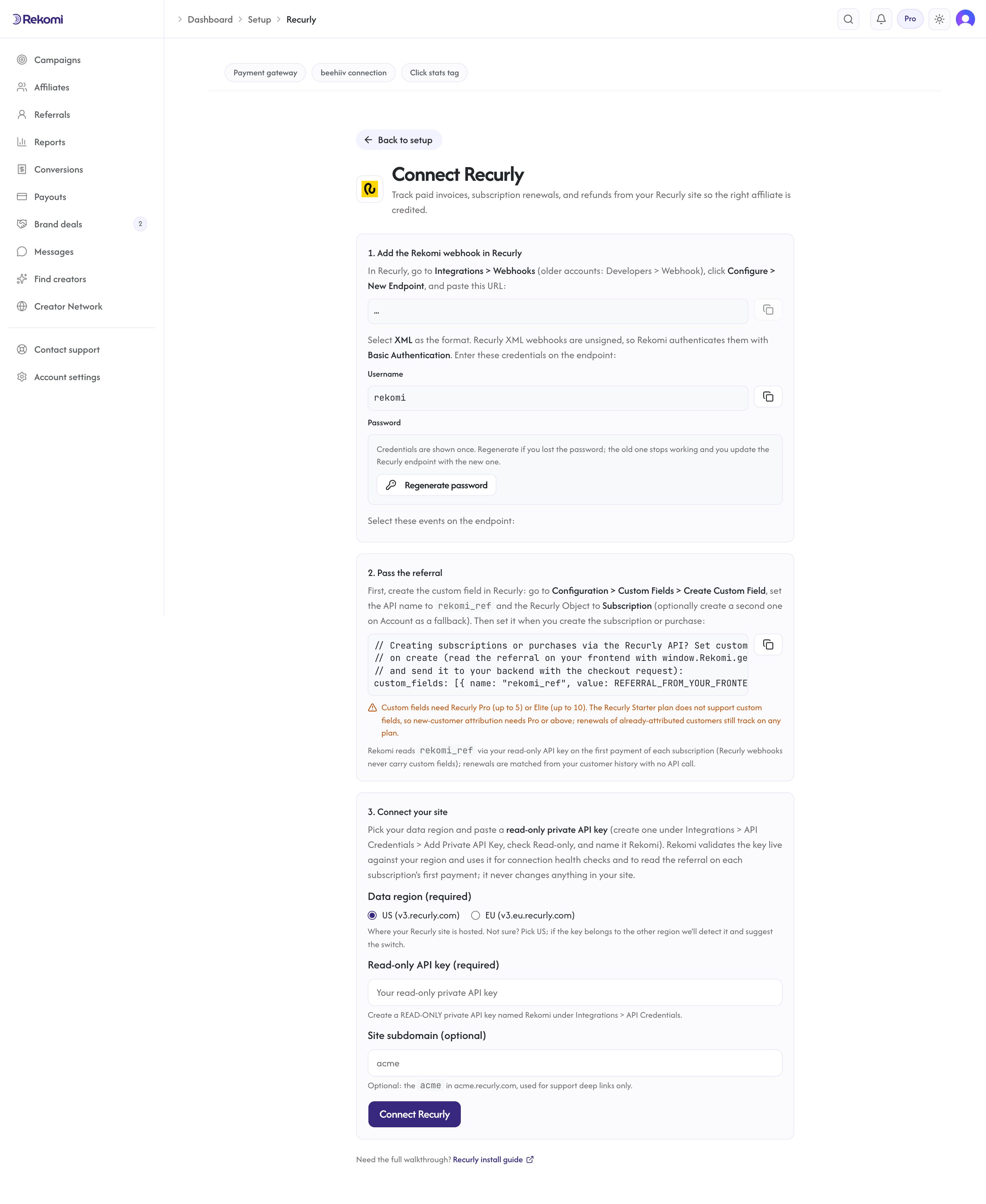 The Connect Recurly page in Rekomi showing the region picker, per-workspace webhook URL, and read-only API key field