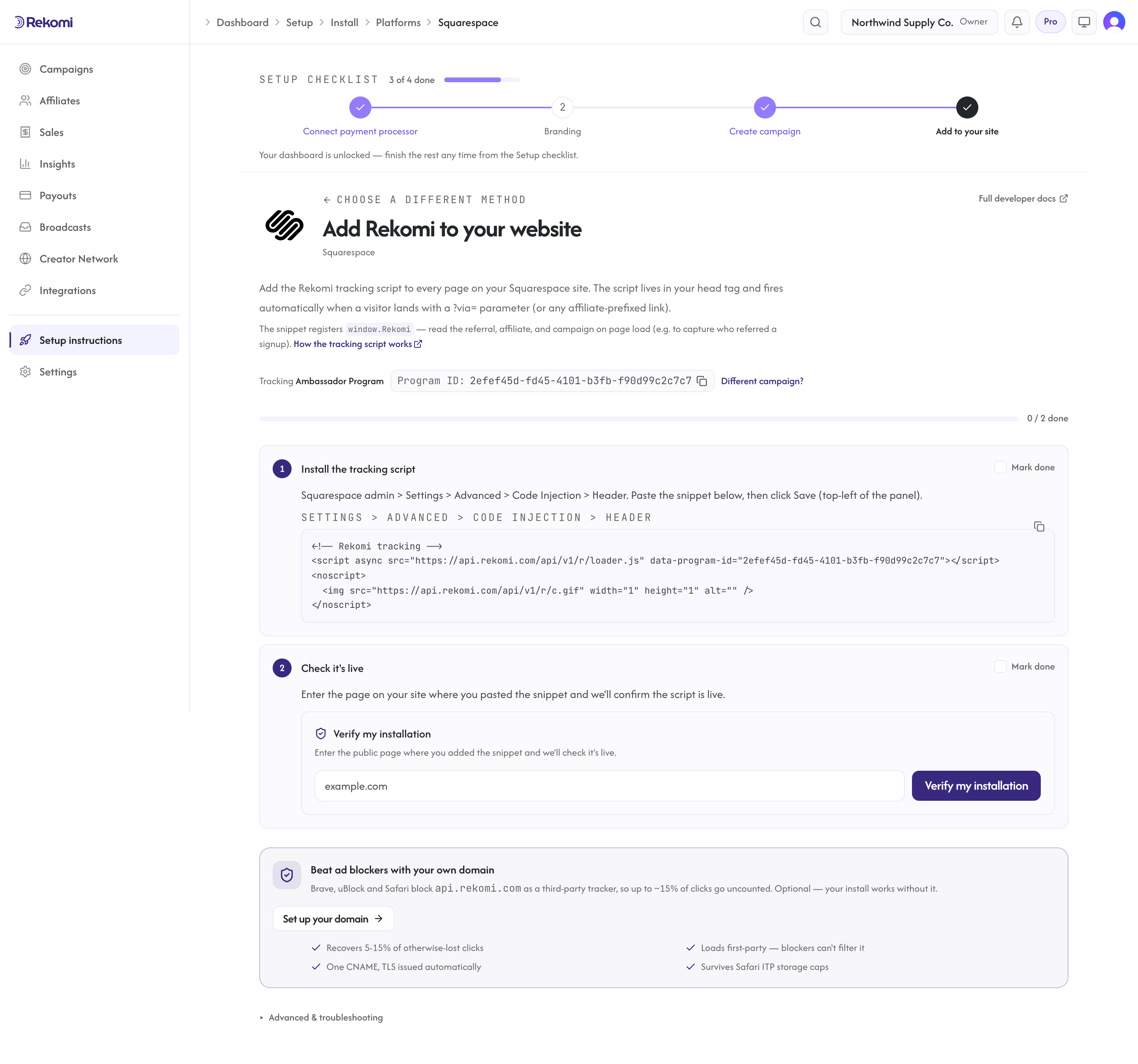 The Squarespace setup instructions in Rekomi with the tracking snippet prefilled