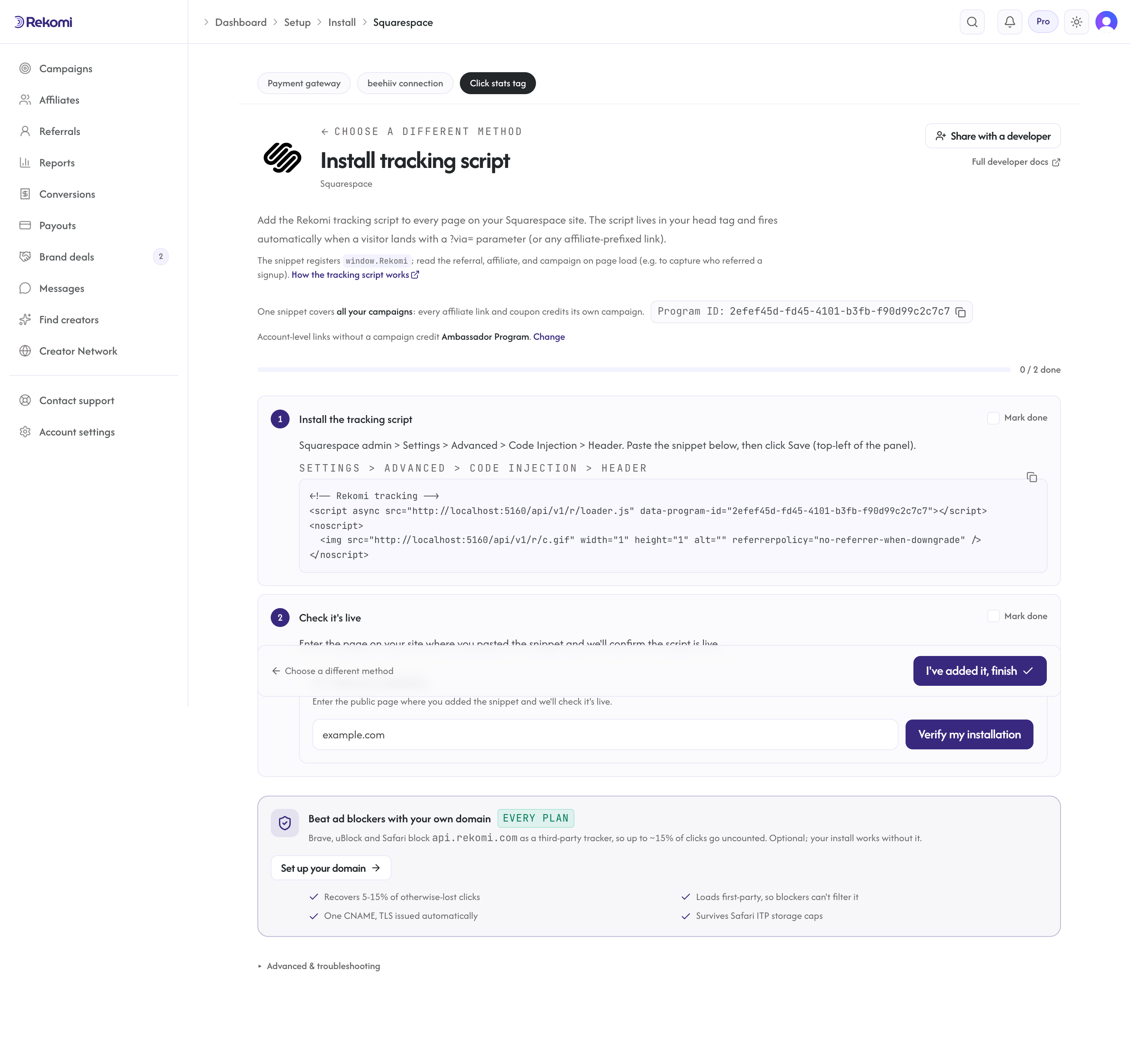 The Squarespace setup instructions in Rekomi with the tracking snippet prefilled