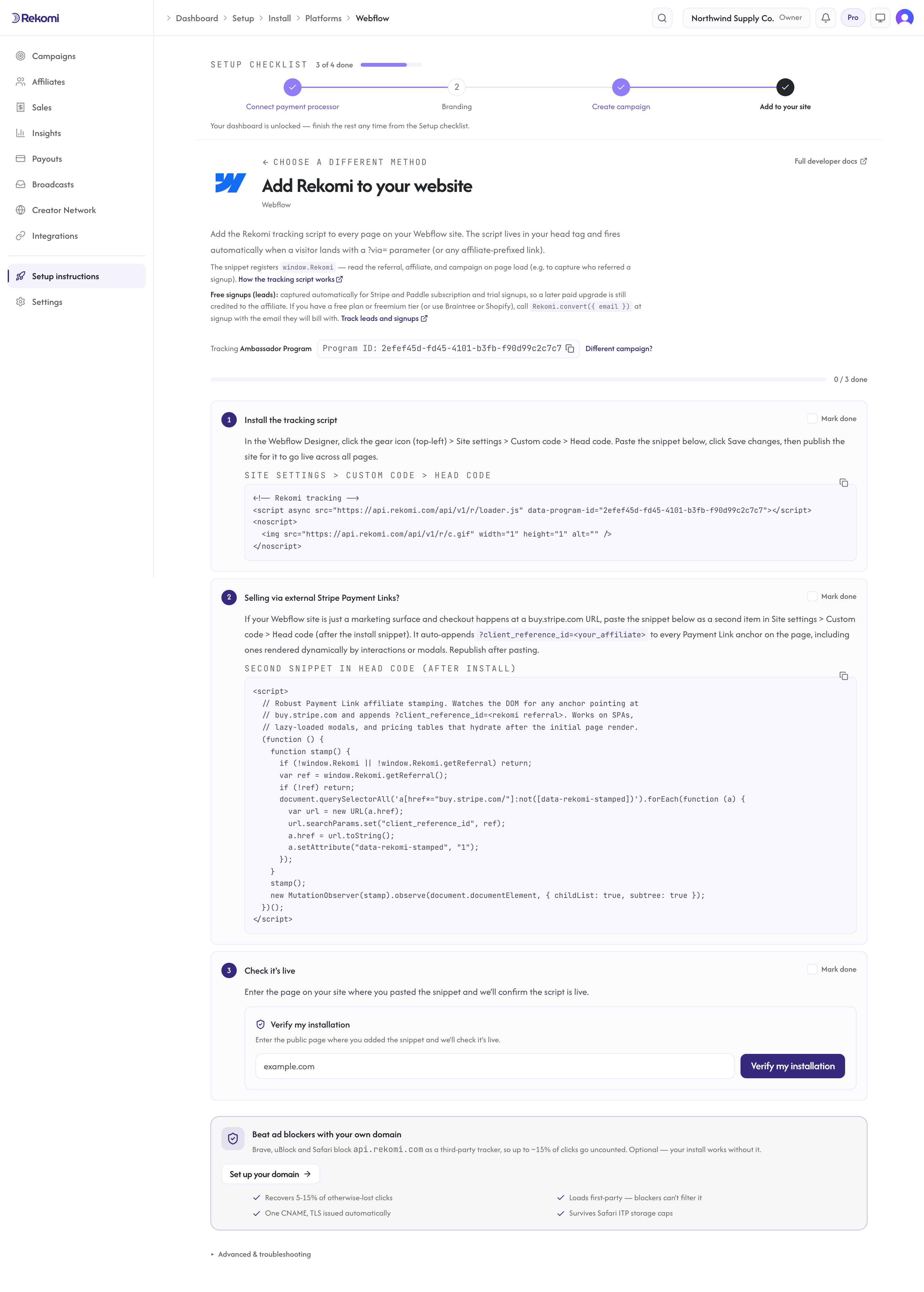 The Webflow setup instructions in Rekomi with the tracking snippet prefilled