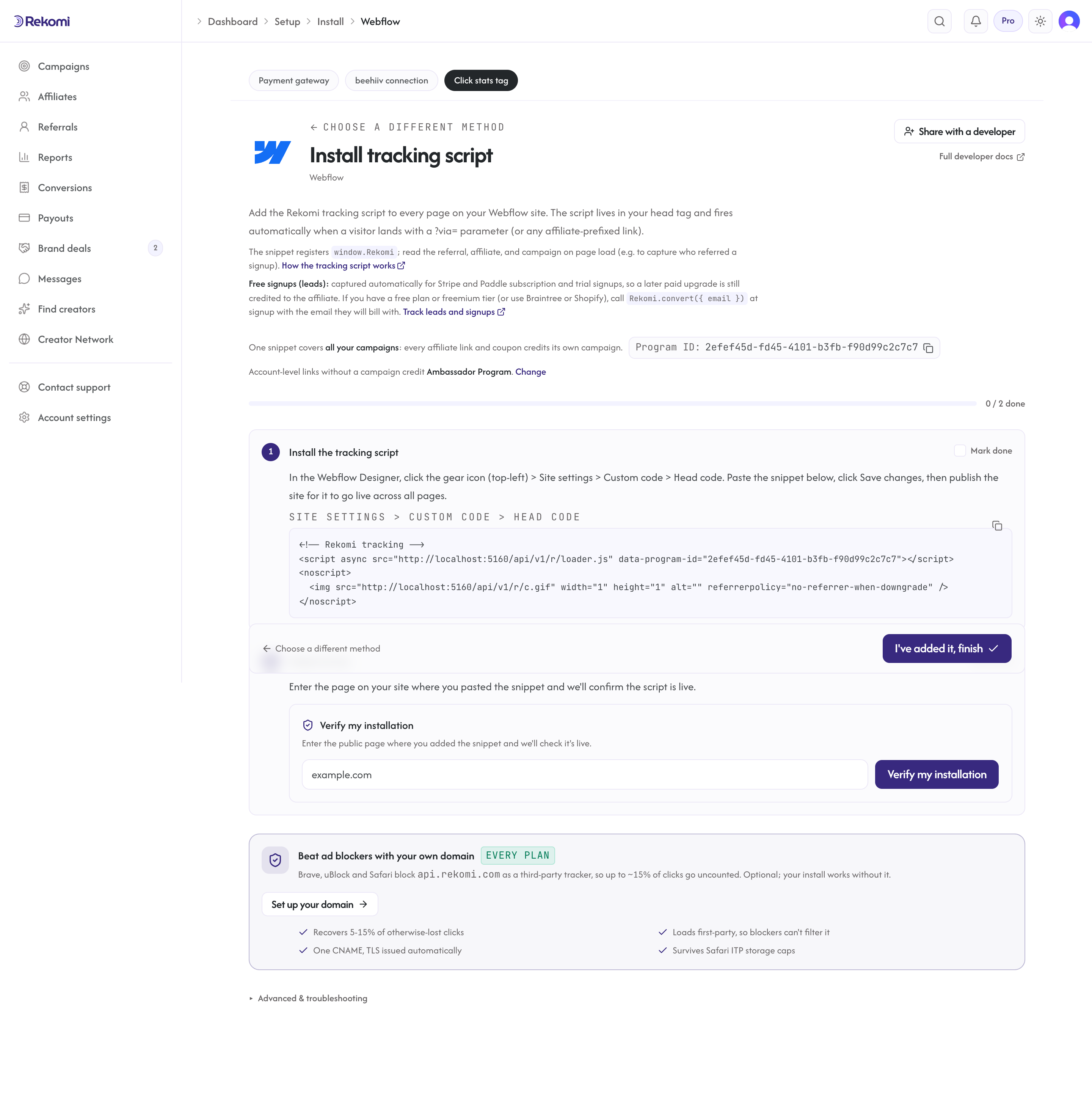 The Webflow setup instructions in Rekomi with the tracking snippet prefilled